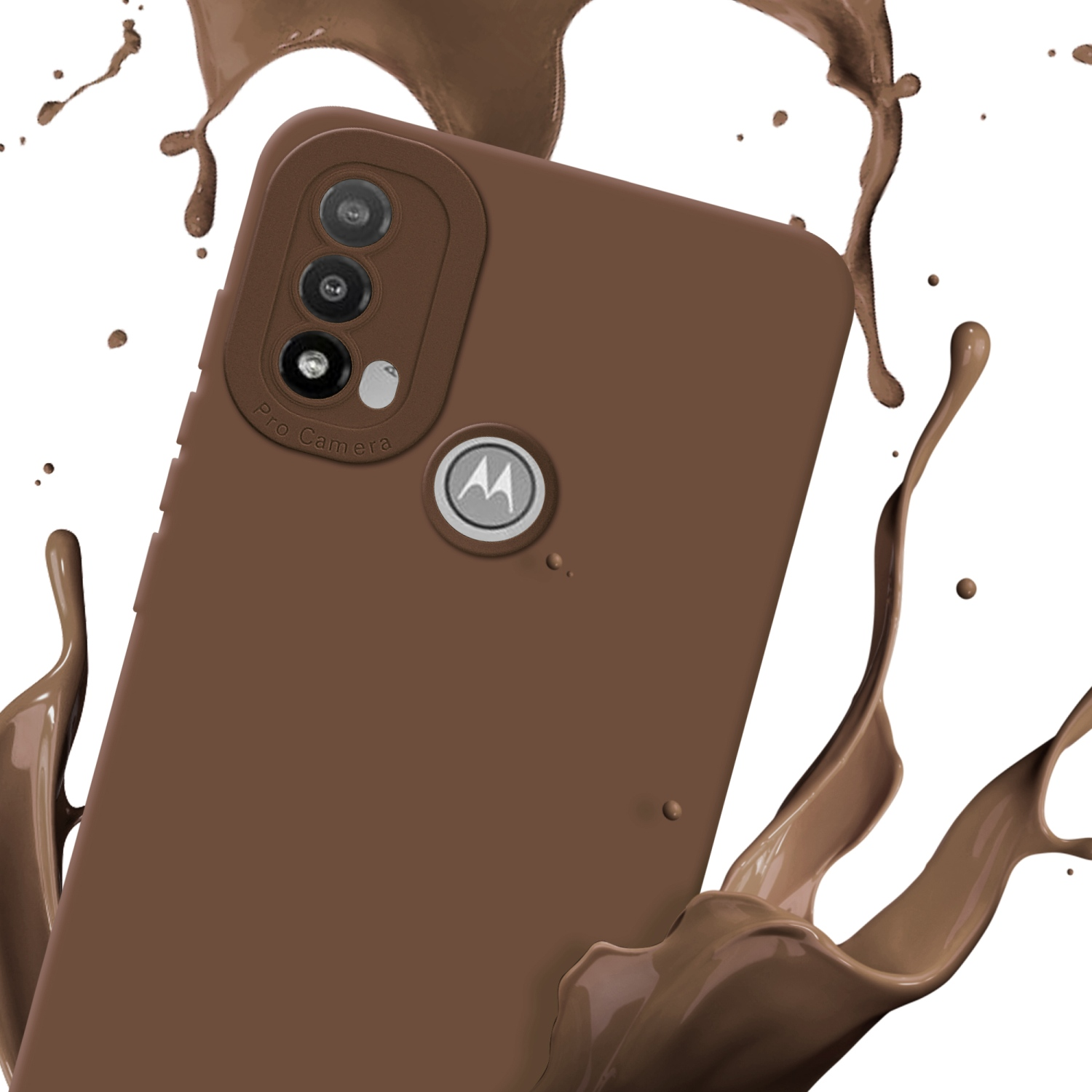 Custodia marrone con schizzo marrone. La custodia ha un logo Motorola.