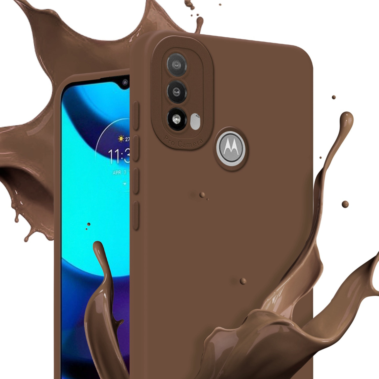 Una custodia per telefono marrone con un telefono che mostra uno schermo. Schizzi di liquido marrone attorno alla custodia.