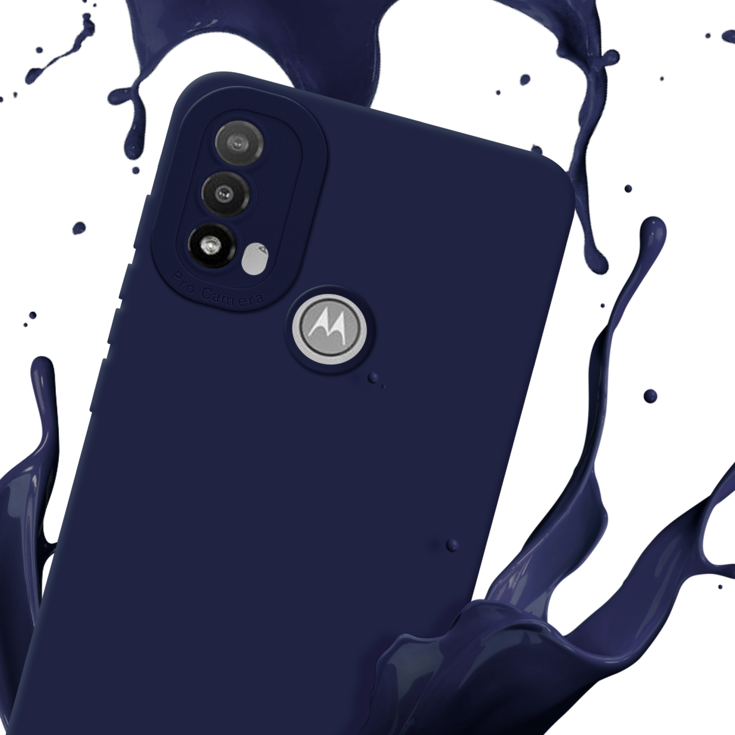 Una custodia per telefono blu scuro con un alloggiamento per la fotocamera. Schizzi di vernice blu scuro.