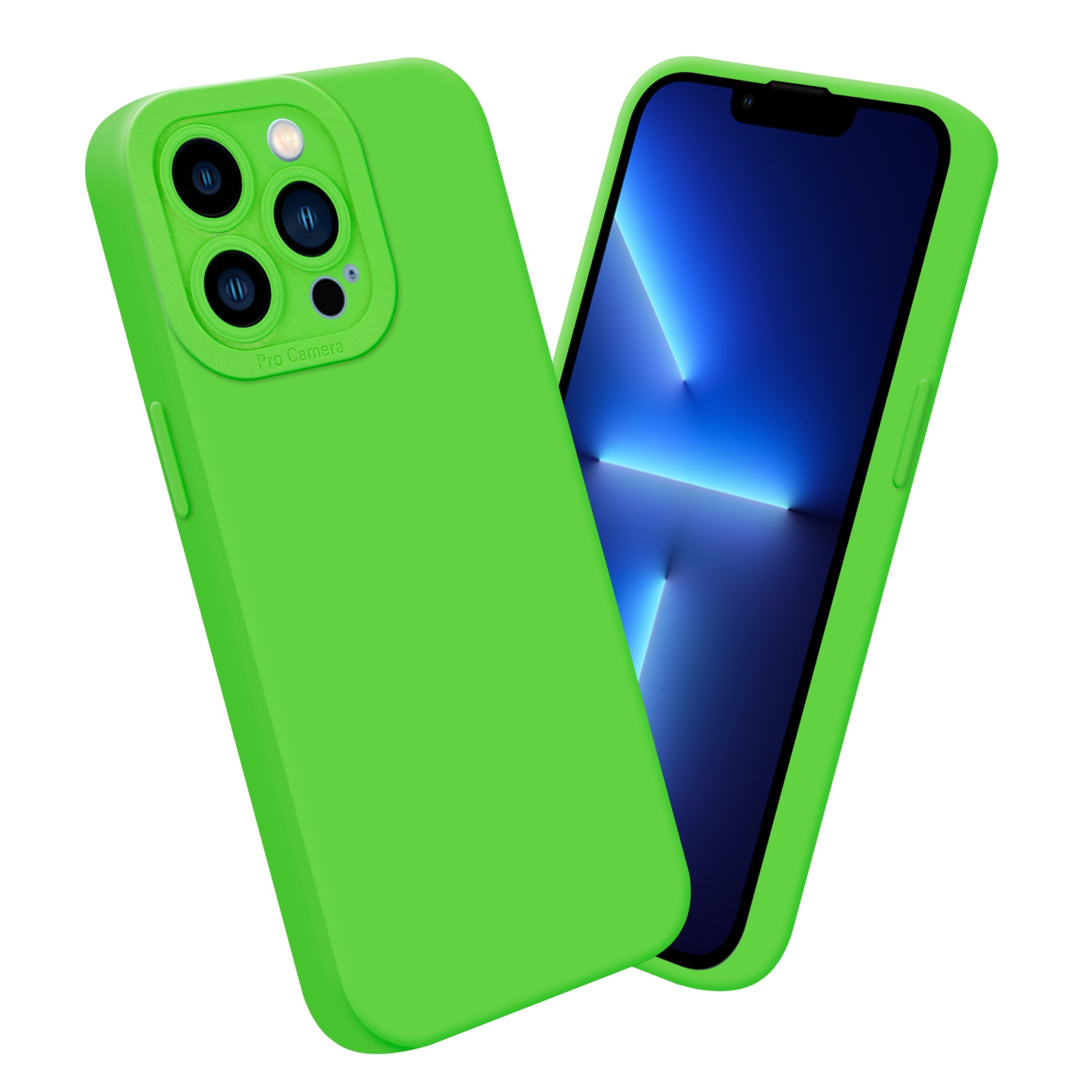 Custodia e telefono verdi, schermo blu, su sfondo bianco.