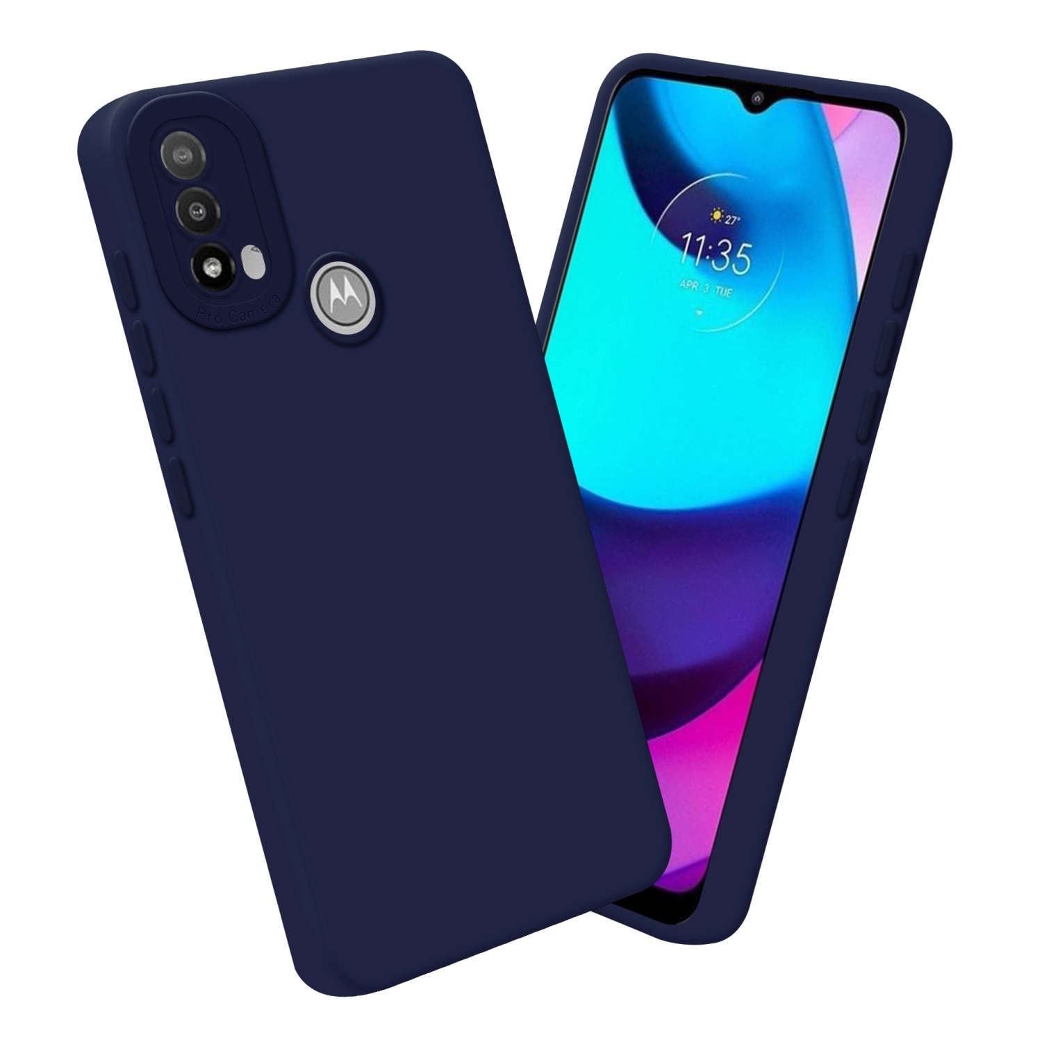 Una custodia per telefono blu navy con un telefono che mostra uno schermo con testo e un orologio.