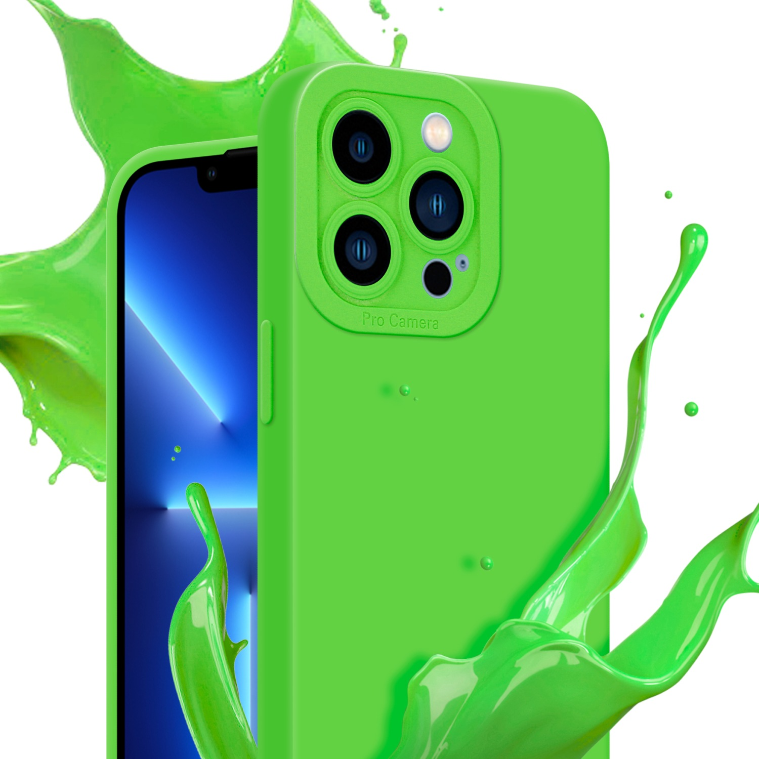 Custodia verde con schermo del telefono visibile. Schizzo di liquido verde sullo sfondo.