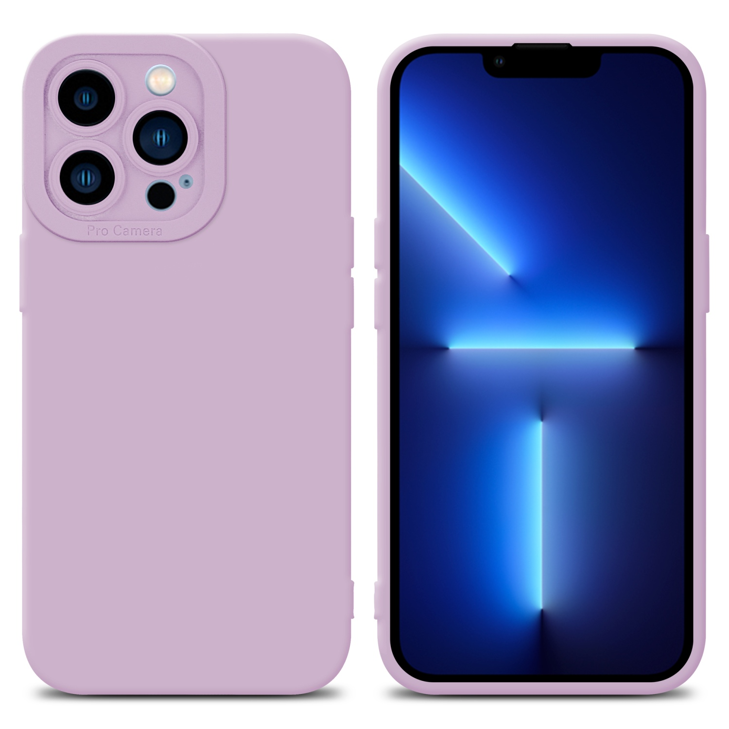 Custodia viola, vista fronte e retro. Lo schermo mostra un'immagine blu.