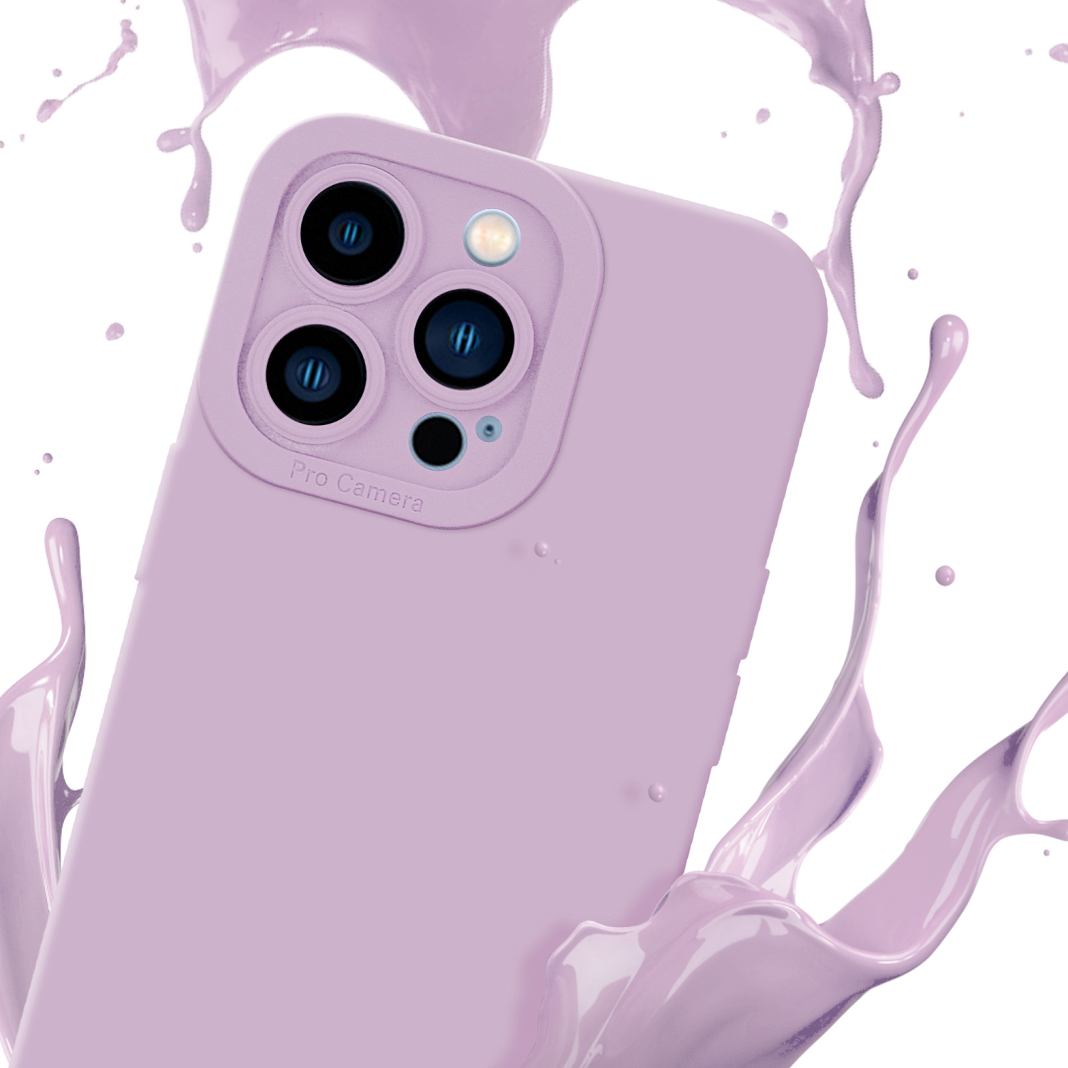 Una custodia per telefono viola chiaro con tre lenti. Schizzi di liquido viola intorno.
