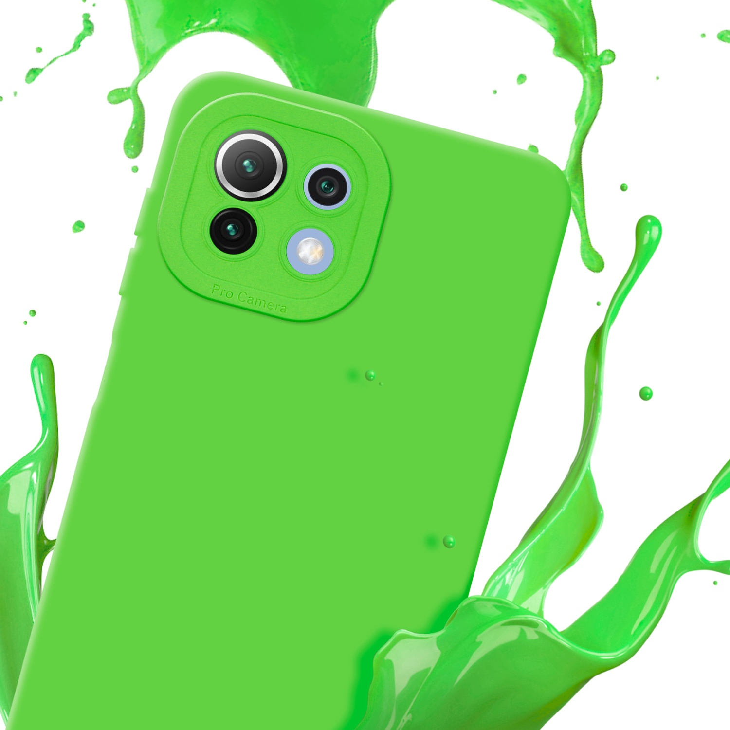 Una custodia per telefono verde brillante con quattro obiettivi della fotocamera è mostrata con uno schizzo di vernice verde.