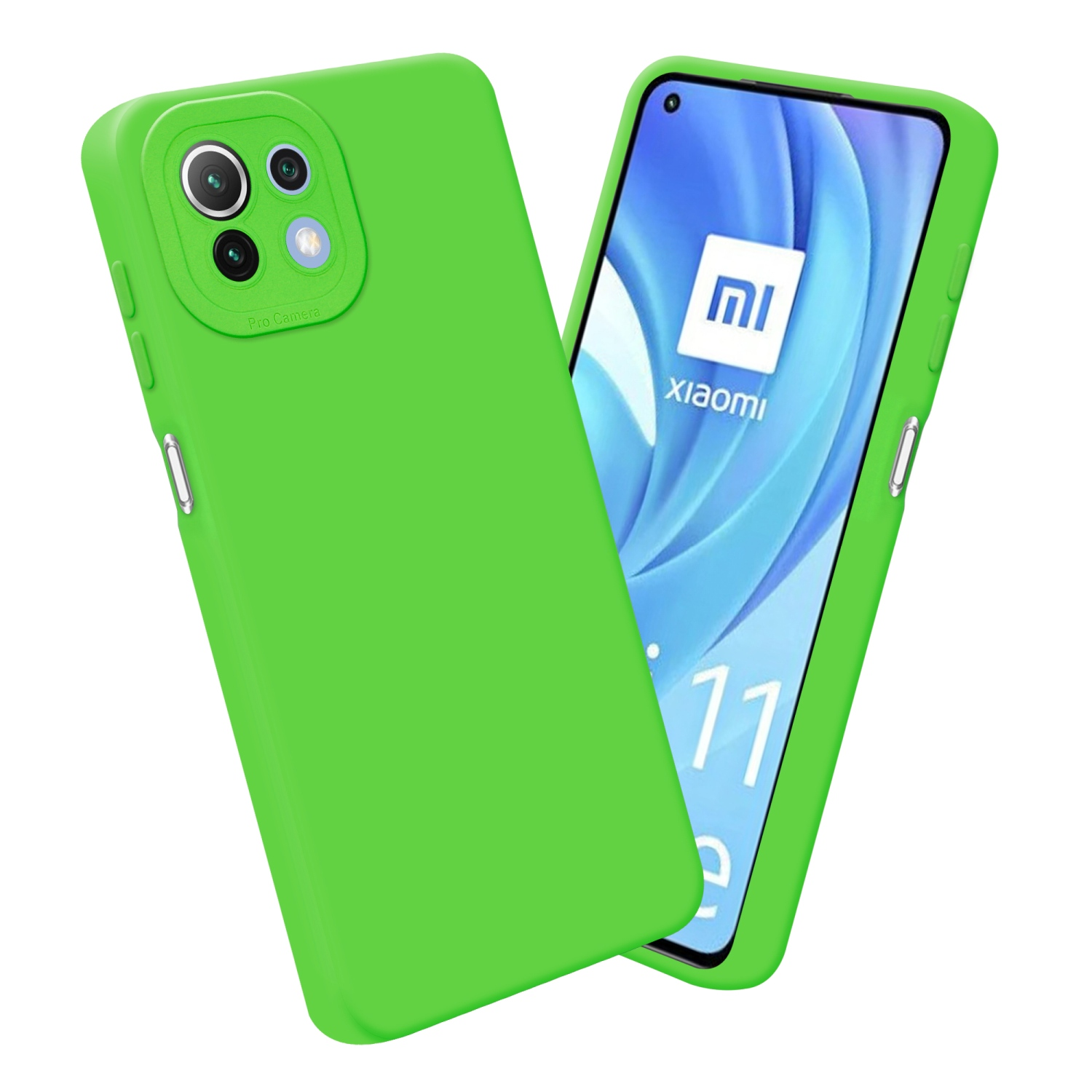 Custodia verde brillante per telefono con telefono all'interno, mostra il logo Xiaomi.