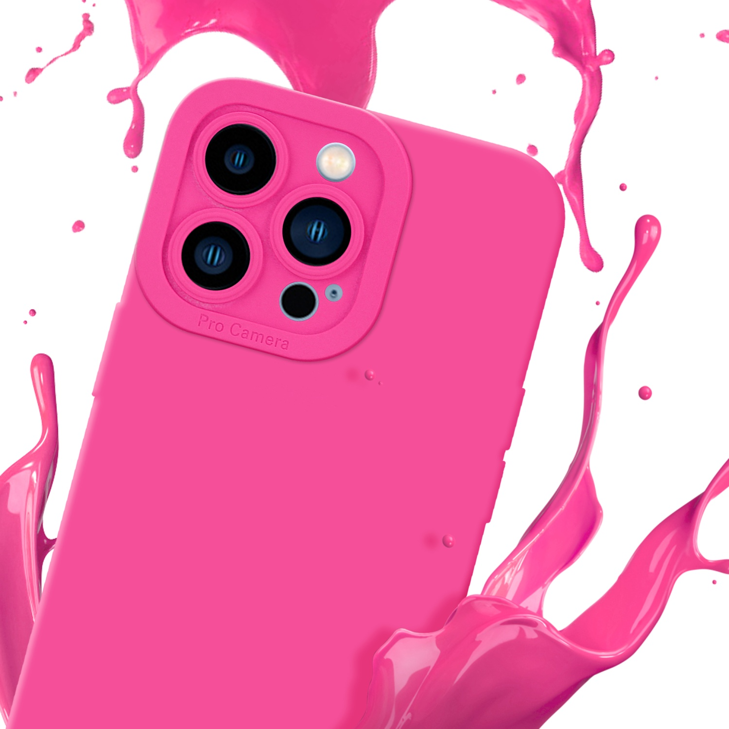 Custodia rosa con telefono all'interno, spruzzi di vernice rosa. Sfondo bianco.