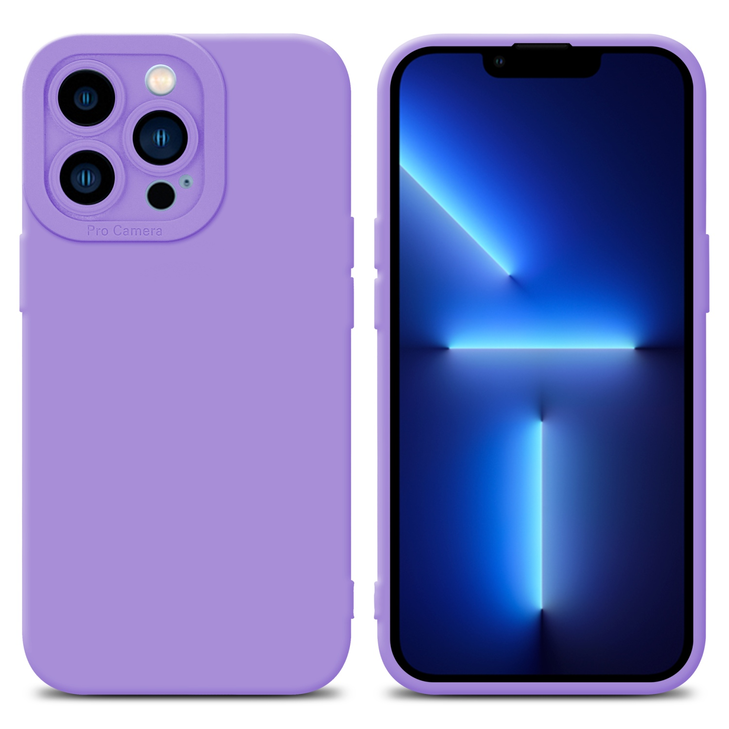 Custodia e telefono viola, schermo blu, su sfondo bianco.