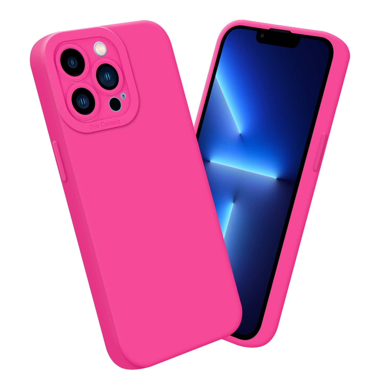 Custodia per telefono rosa con telefono. Il telefono è su sfondo bianco.