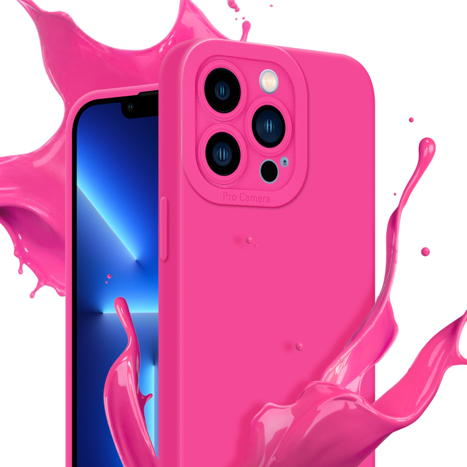 Custodia rosa con telefono, sfondo spruzzi rosa.