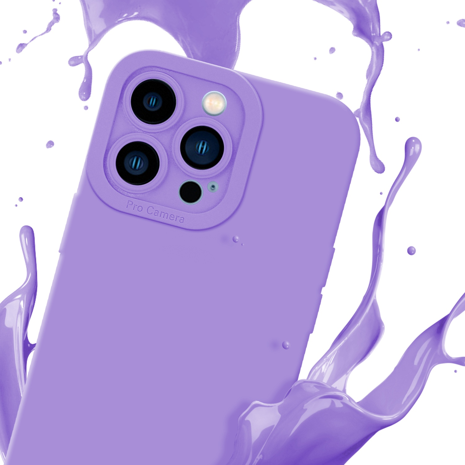 Custodia viola per telefono con spruzzi di vernice viola su sfondo bianco.