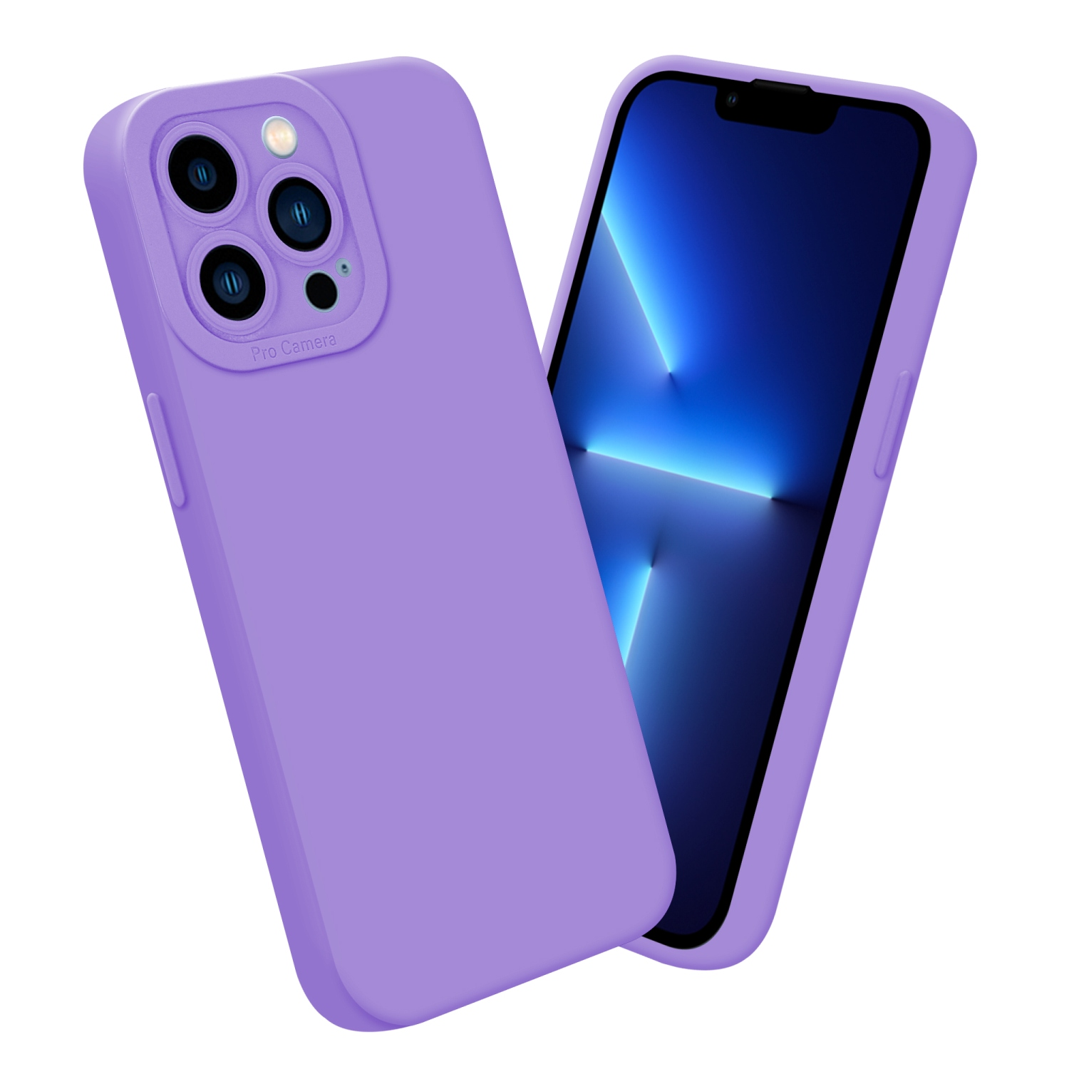 Una custodia per telefono viola con un telefono che mostra uno schermo con linee blu.