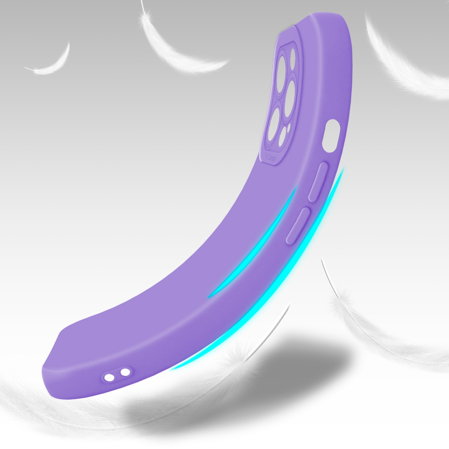Custodia per telefono viola curva con ombra, fluttuante con piume bianche sullo sfondo.