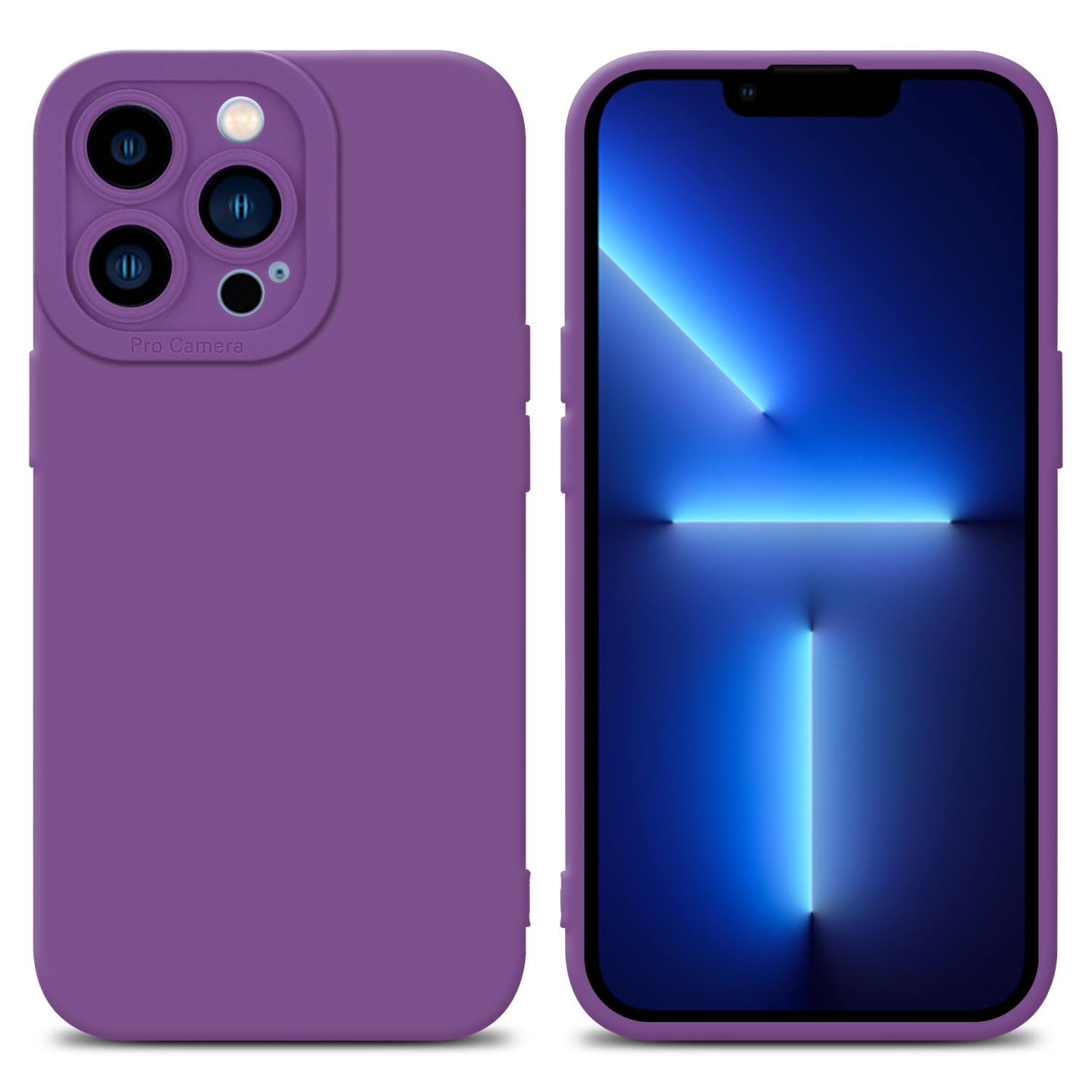 Due custodie per telefono viola, una con display blu e l'altra con il rigonfiamento della fotocamera.