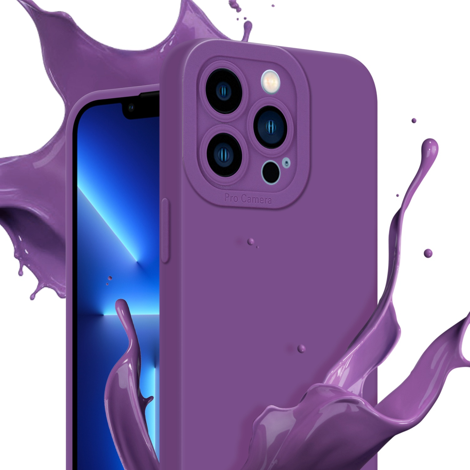 Custodia viola con telefono, sfondo spruzzi viola.