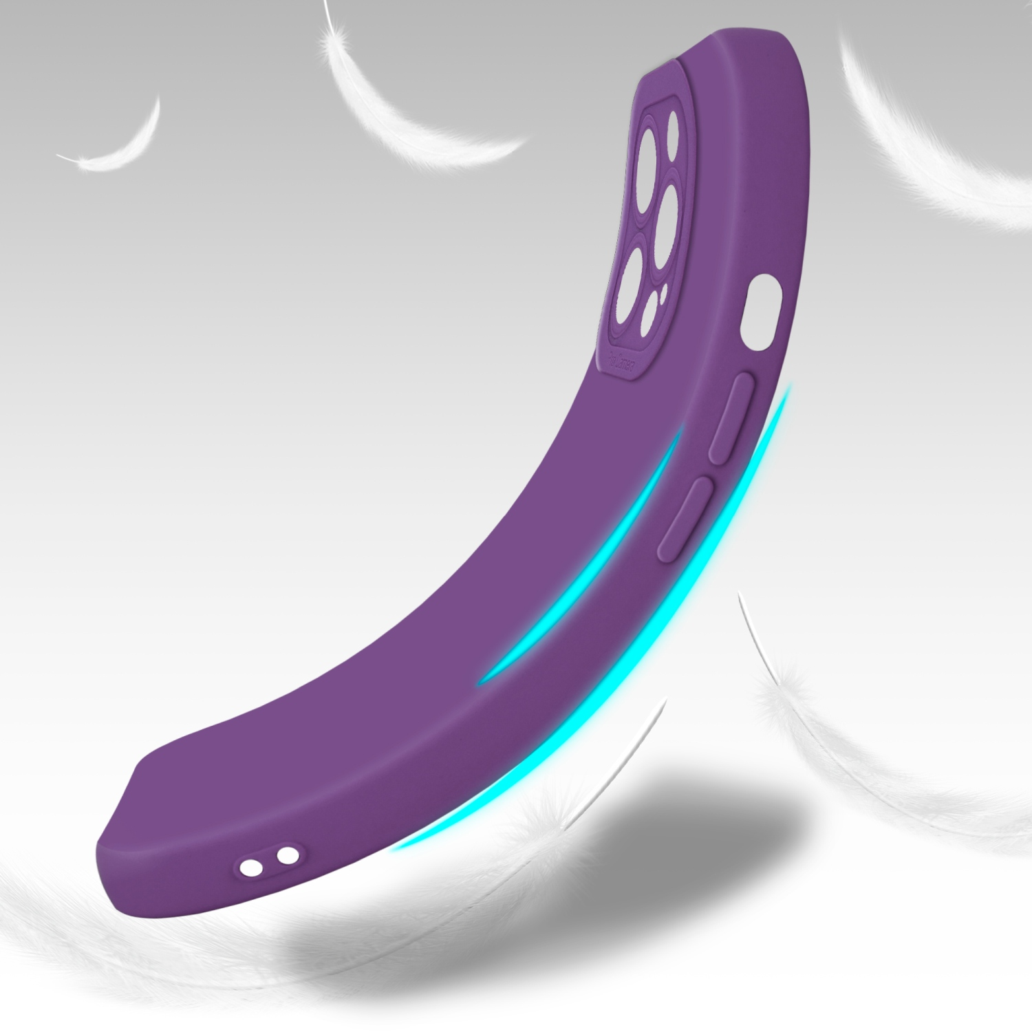 Custodia viola per telefono con design curvo, con piume bianche fluttuanti.