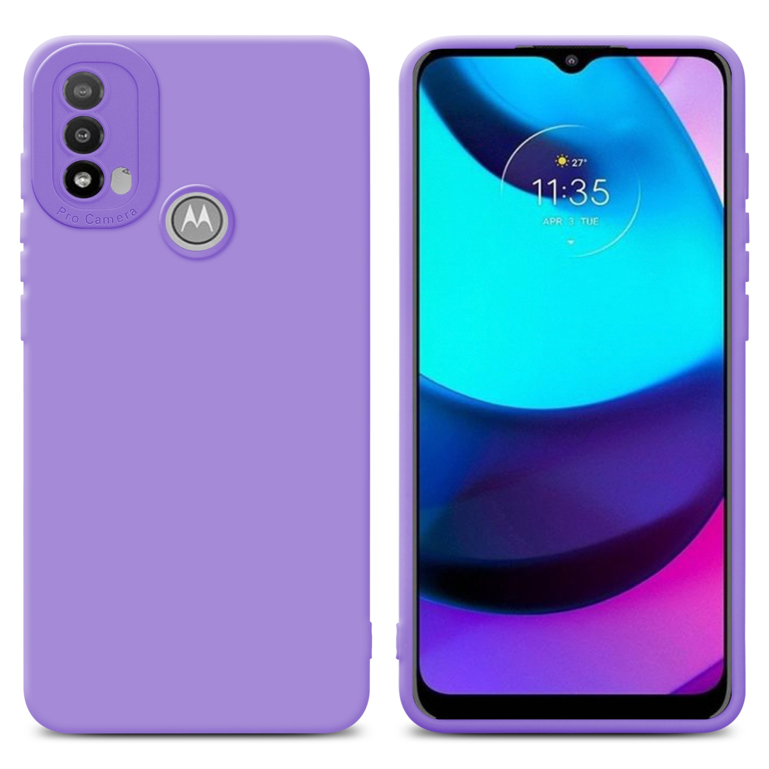 Custodia viola con protezione fotocamera e schermo con interfaccia.