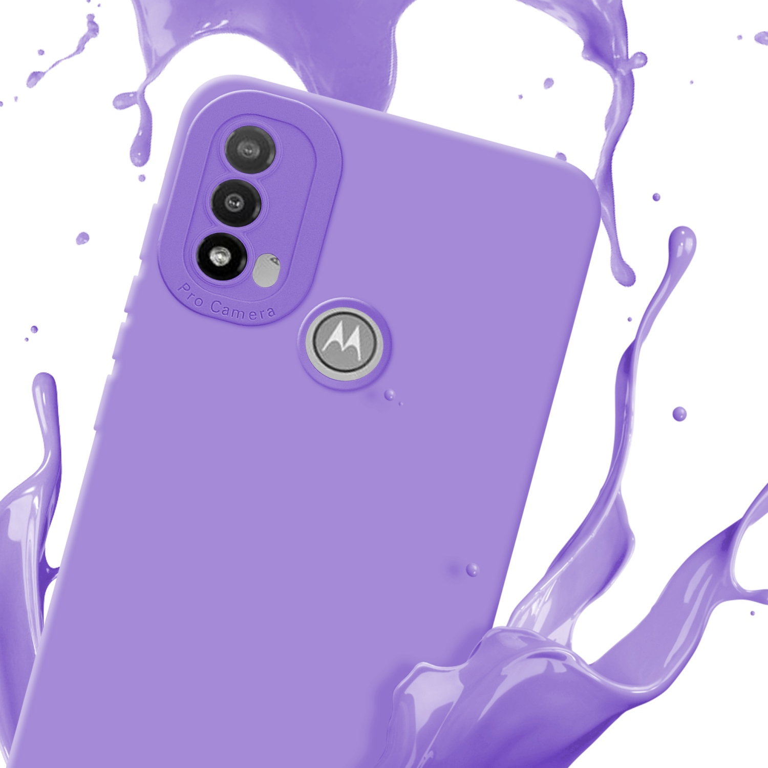 Una custodia viola con modulo fotocamera, spruzzata di liquido viola. Sfondo bianco.