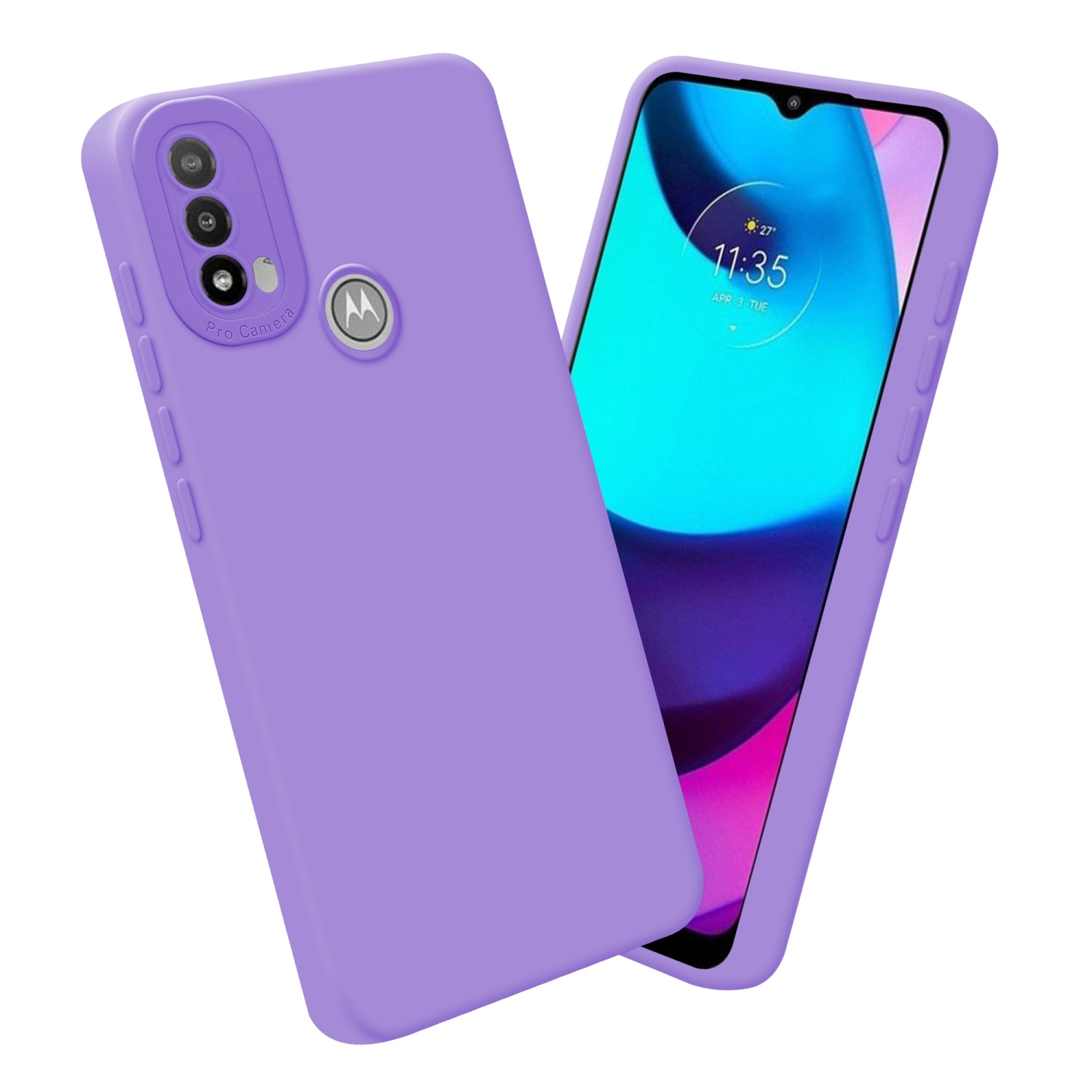Due custodie per telefono viola, una aperta, con un telefono dentro.