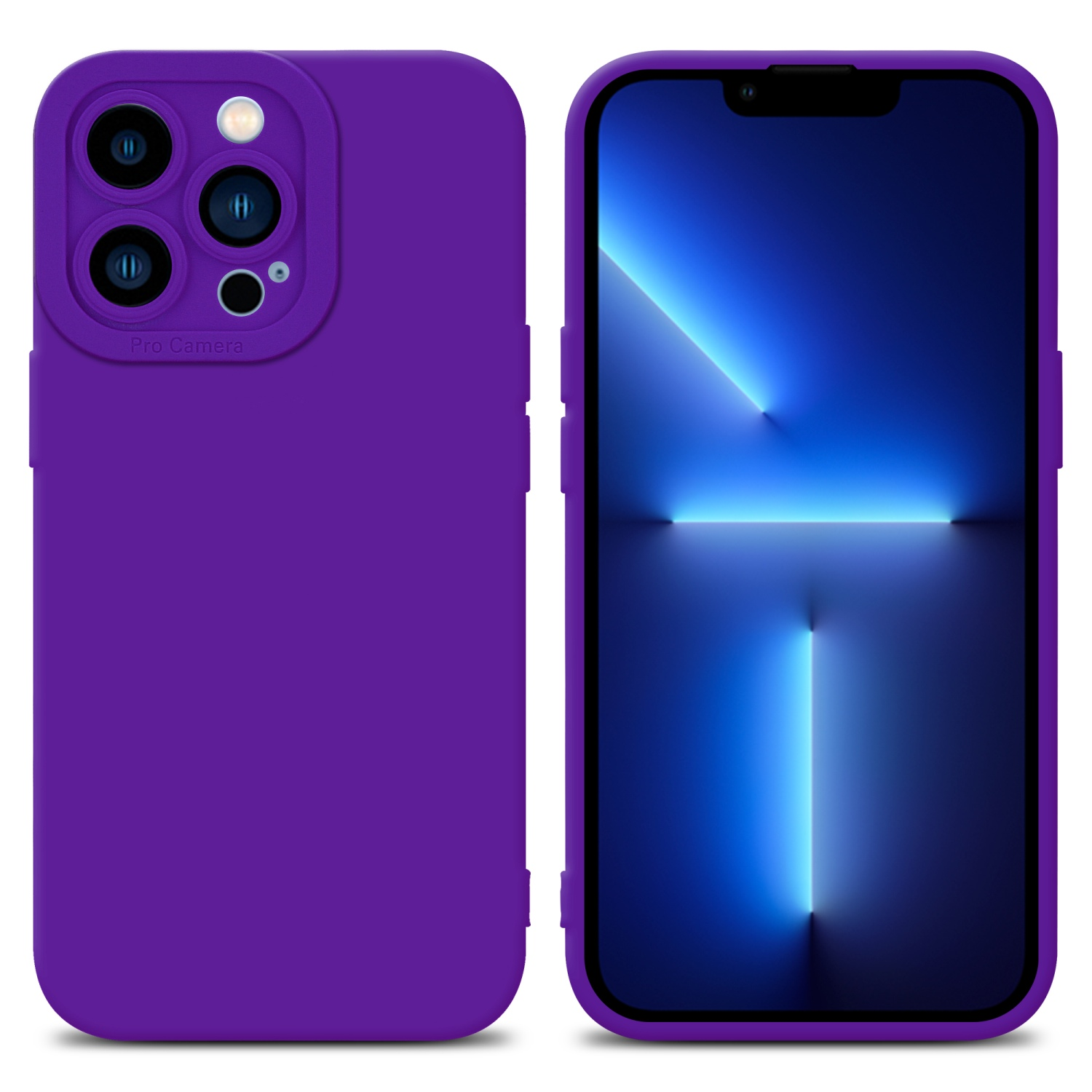 Lila Handyhülle und ein Handy mit blauem Bildschirm. Die Hülle bedeckt die Kamera, das Handy ist sichtbar.