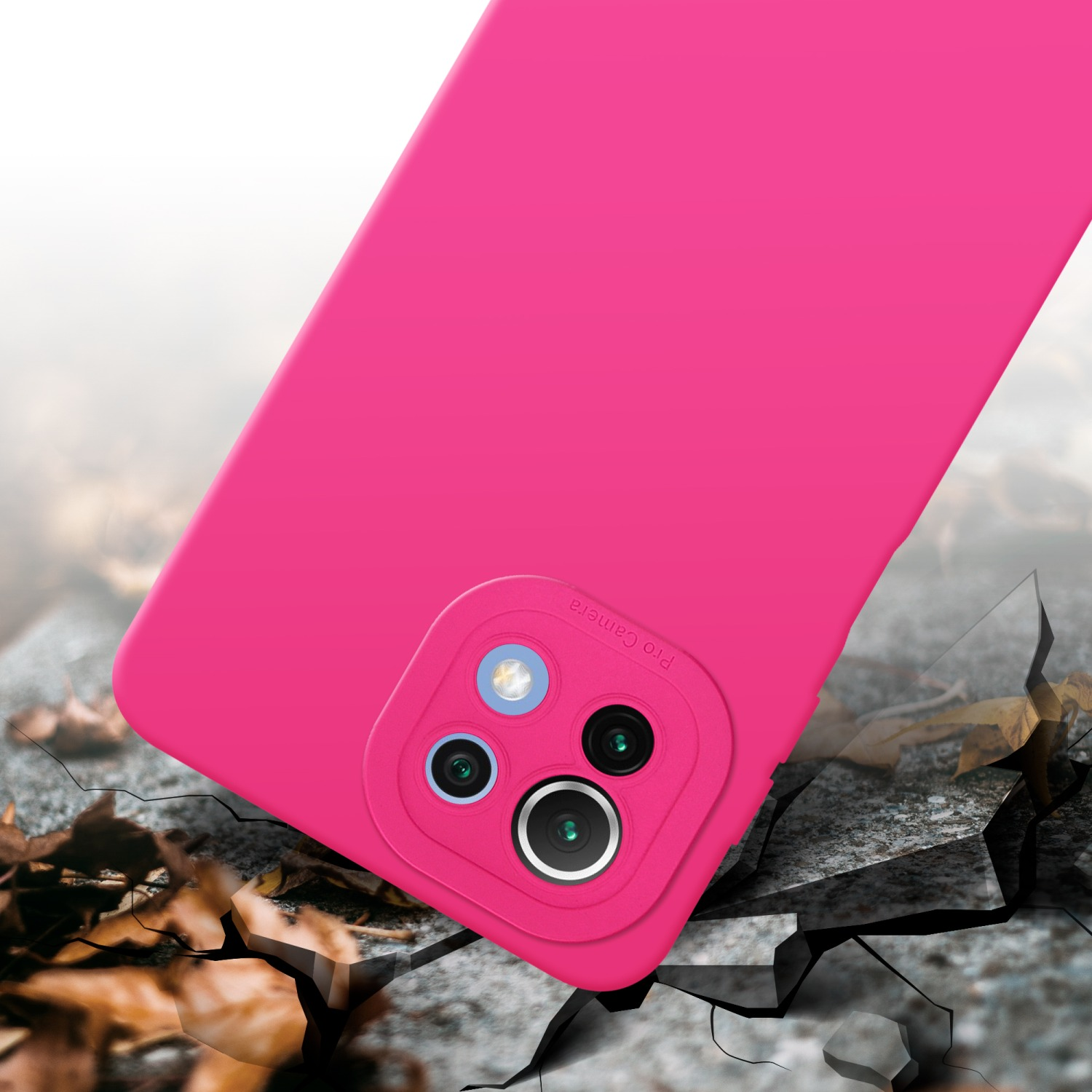 Custodia rosa per telefono con effetto suolo crepato.