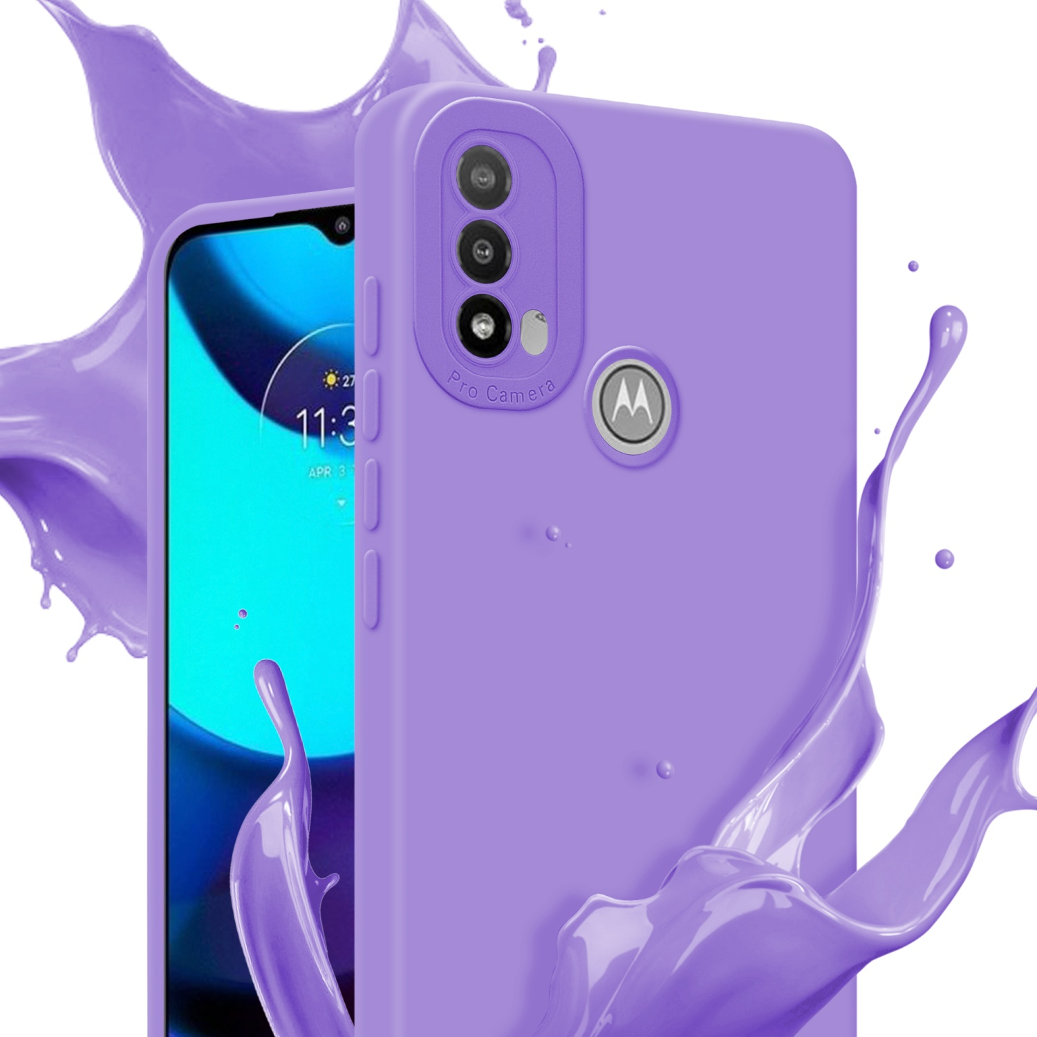 Custodia viola con telefono, spruzzo di colore, sfondo bianco.