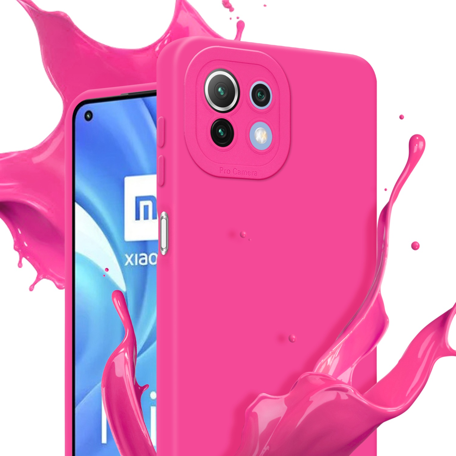 Custodia per telefono rosa con fotocamere, schizzo di vernice rosa e schermo del telefono con sfondo bianco.
