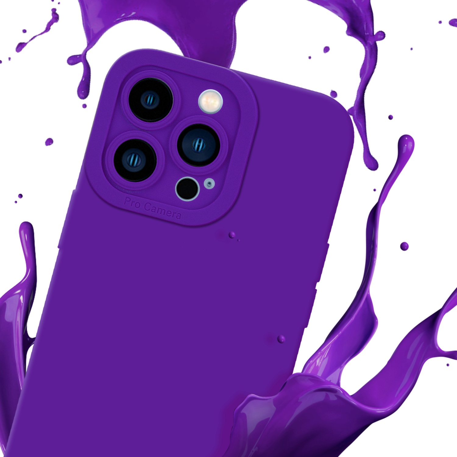 Violette Handyhülle mit Farbspritzer. Pro Camera-Etikett. Weißer Hintergrund.