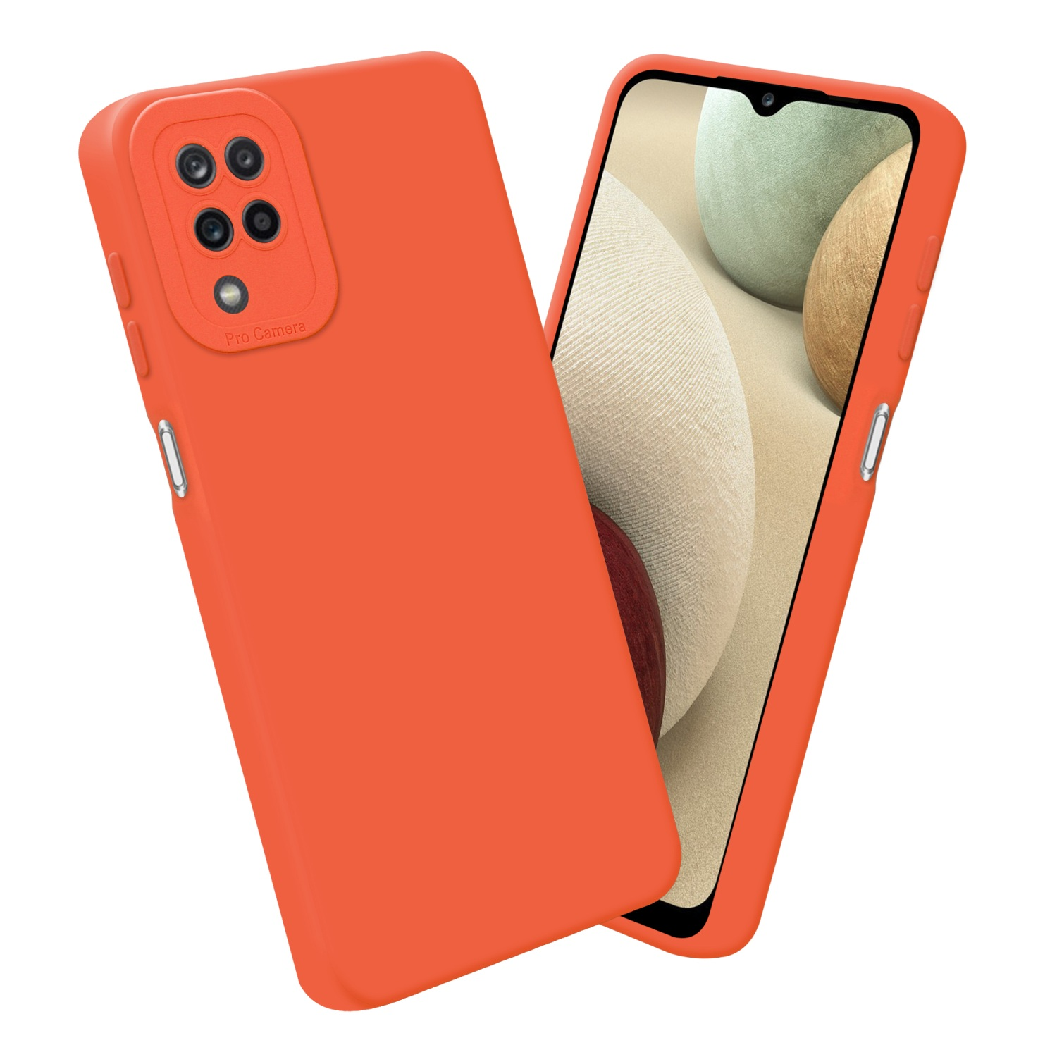 Custodia per telefono arancione con telefono. Il telefono mostra uno sfondo colorato. Sfondo bianco.