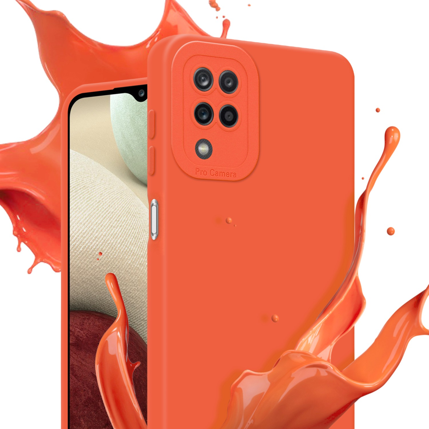 Una custodia arancione per telefono con un modulo fotocamera accanto a un telefono, con schizzi di vernice arancione.