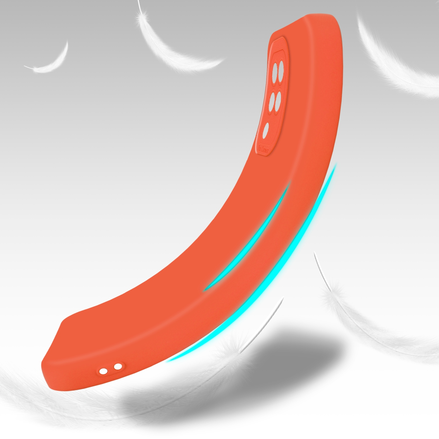 Custodia per telefono arancione con un design curvo, fluttuante con piume sullo sfondo.
