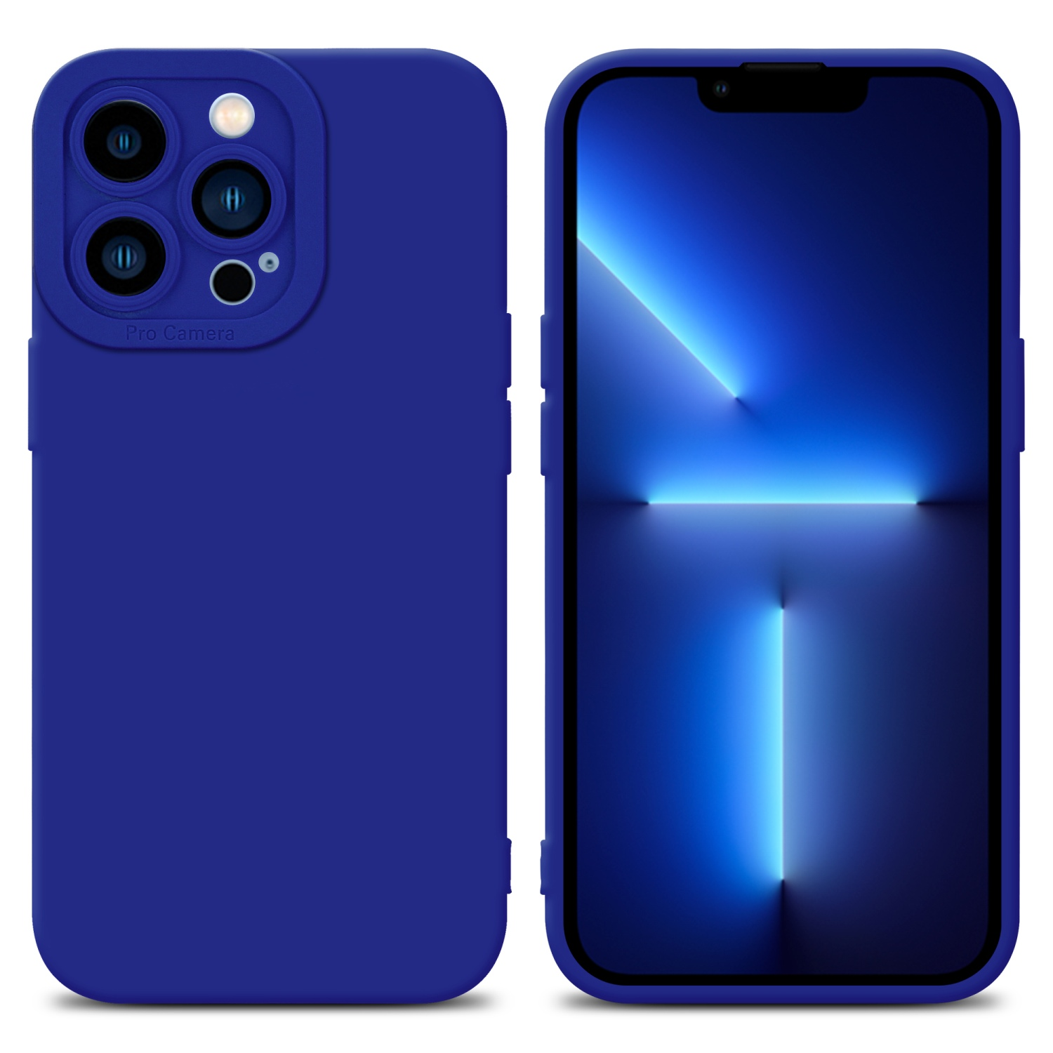 Custodia blu per telefono con telefono. Sfondo bianco.