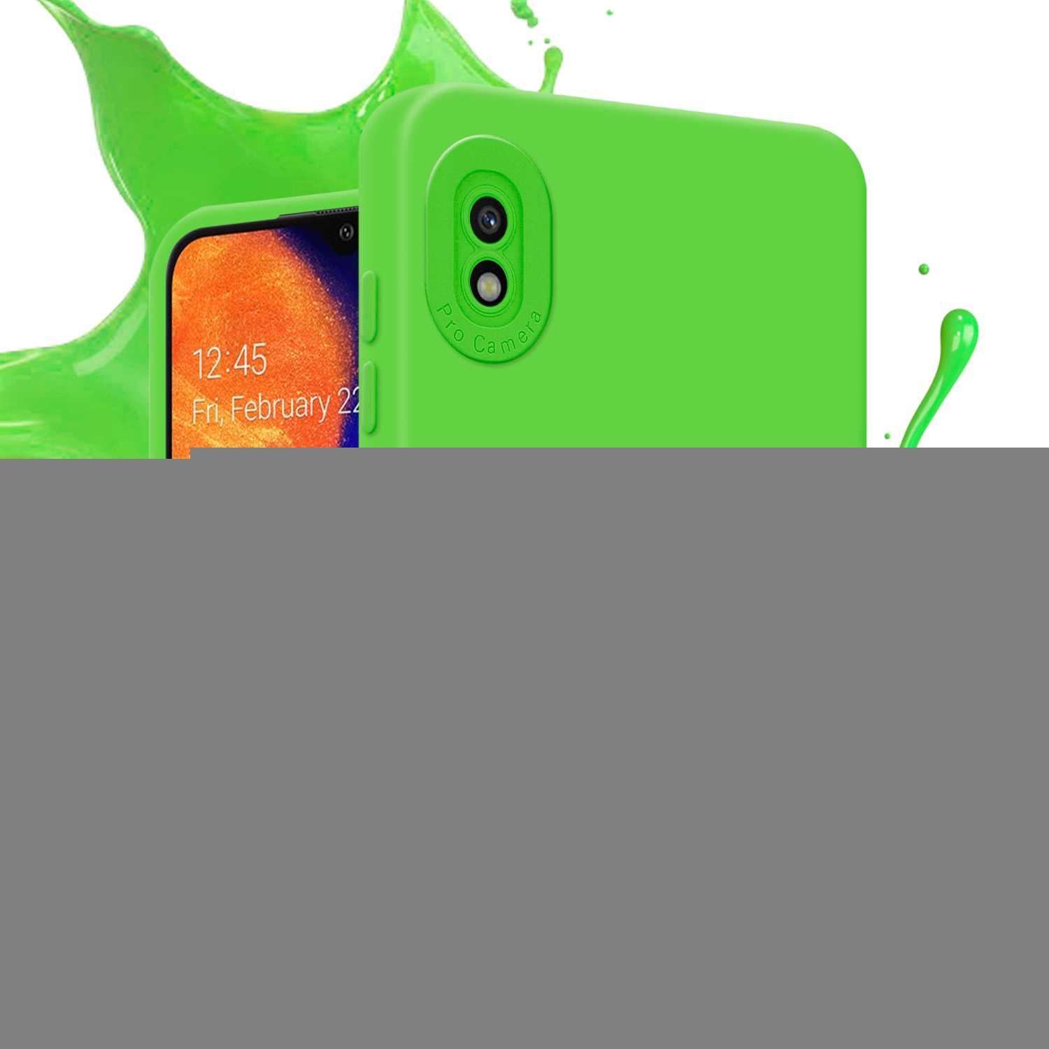Custodia per telefono verde con uno schermo che mostra un telefono. Schizzo di vernice verde sullo sfondo.