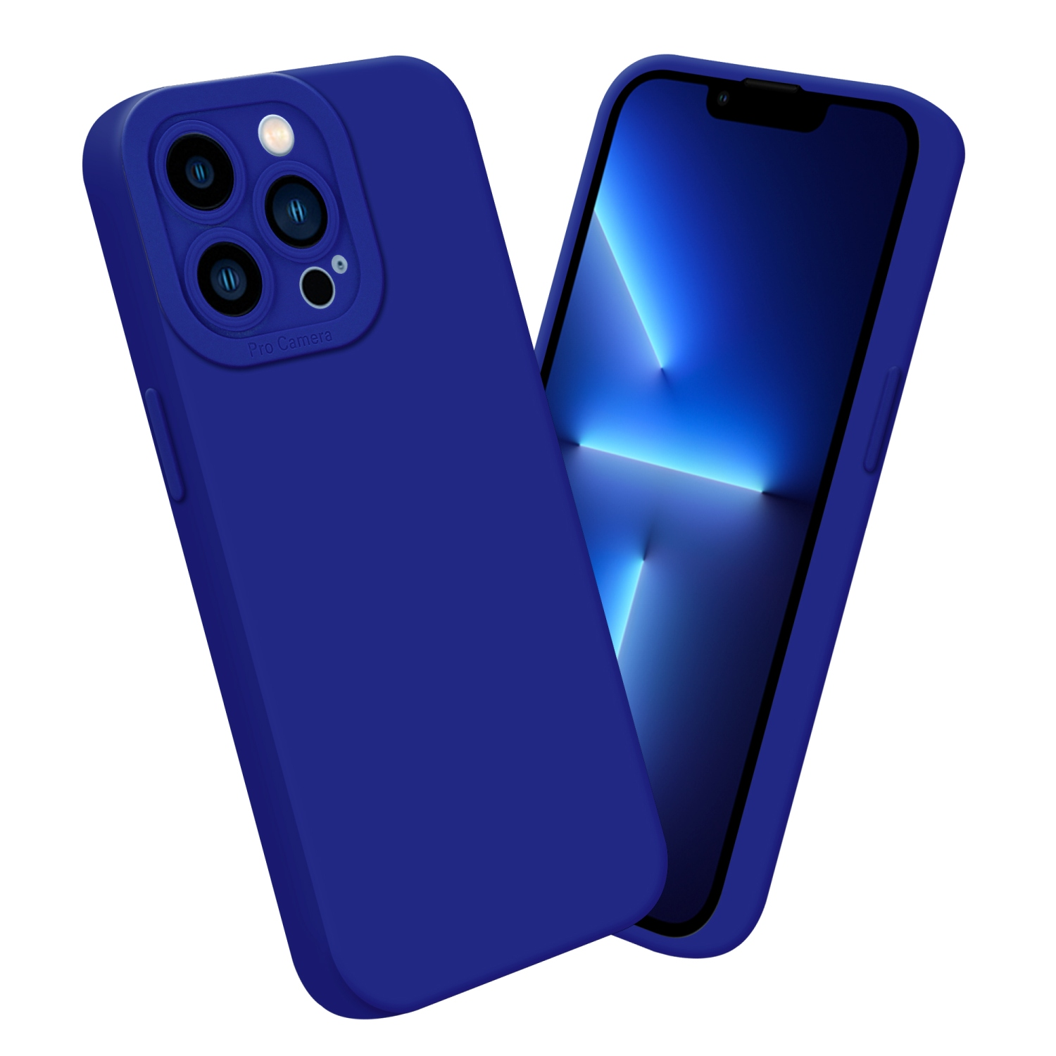 Una custodia per telefono blu con uno schermo che mostra una sfumatura blu. Il telefono ha un rilievo della fotocamera.