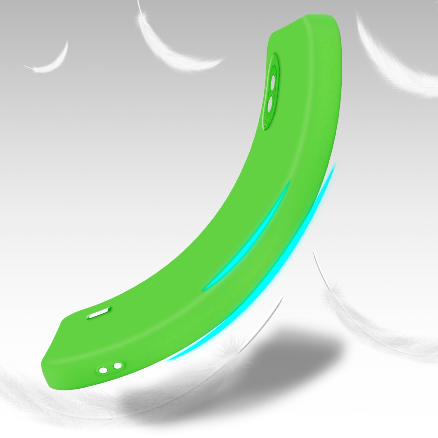 Custodia verde per telefono, fluttuante con accenti blu e piume bianche su sfondo grigio.