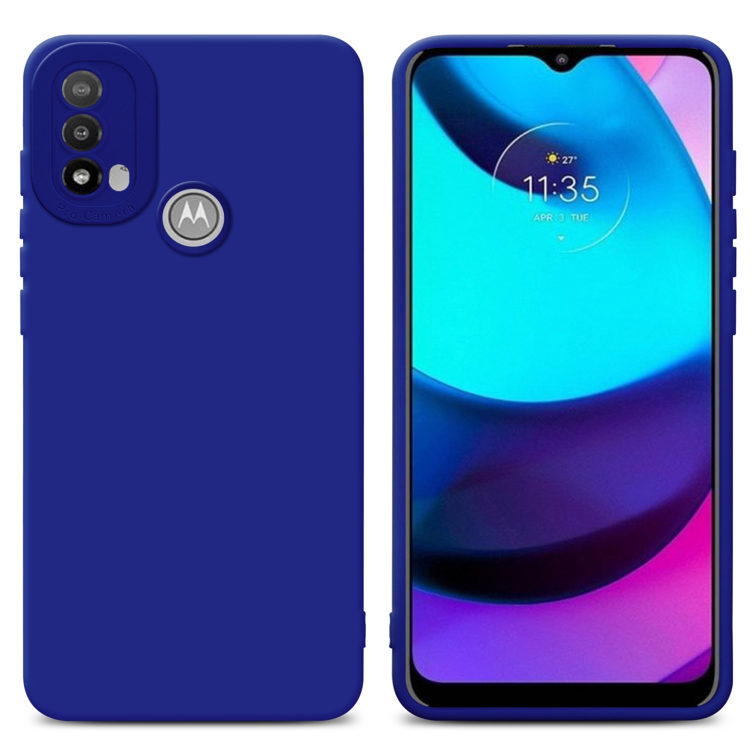 Custodia blu. Due custodie, una mostra la fotocamera e il lato del logo, l'altra lo schermo.