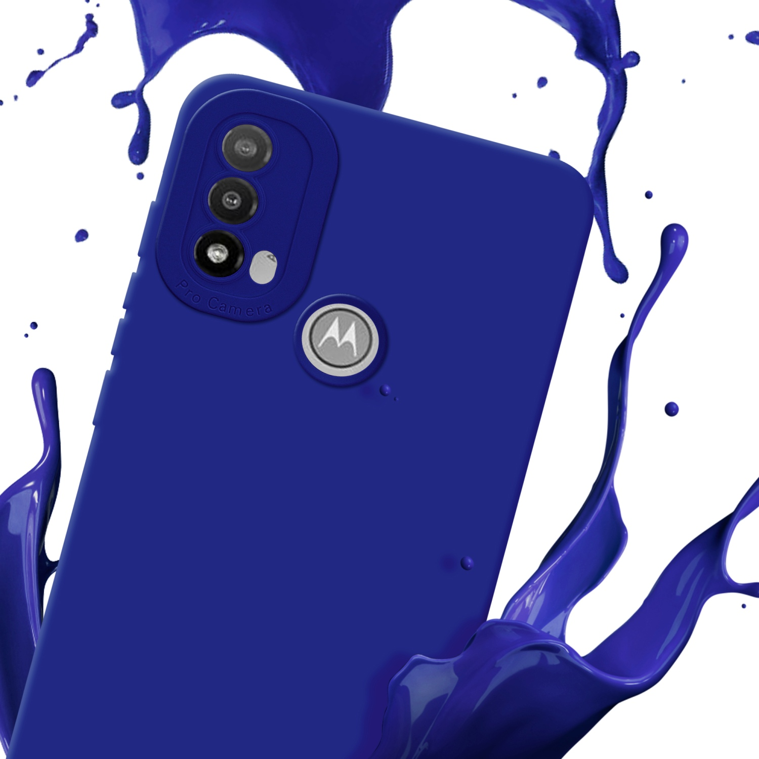 Custodia per telefono blu, schizzo di vernice e logo Motorola. Sfondo bianco. Schizzo di vernice blu.
