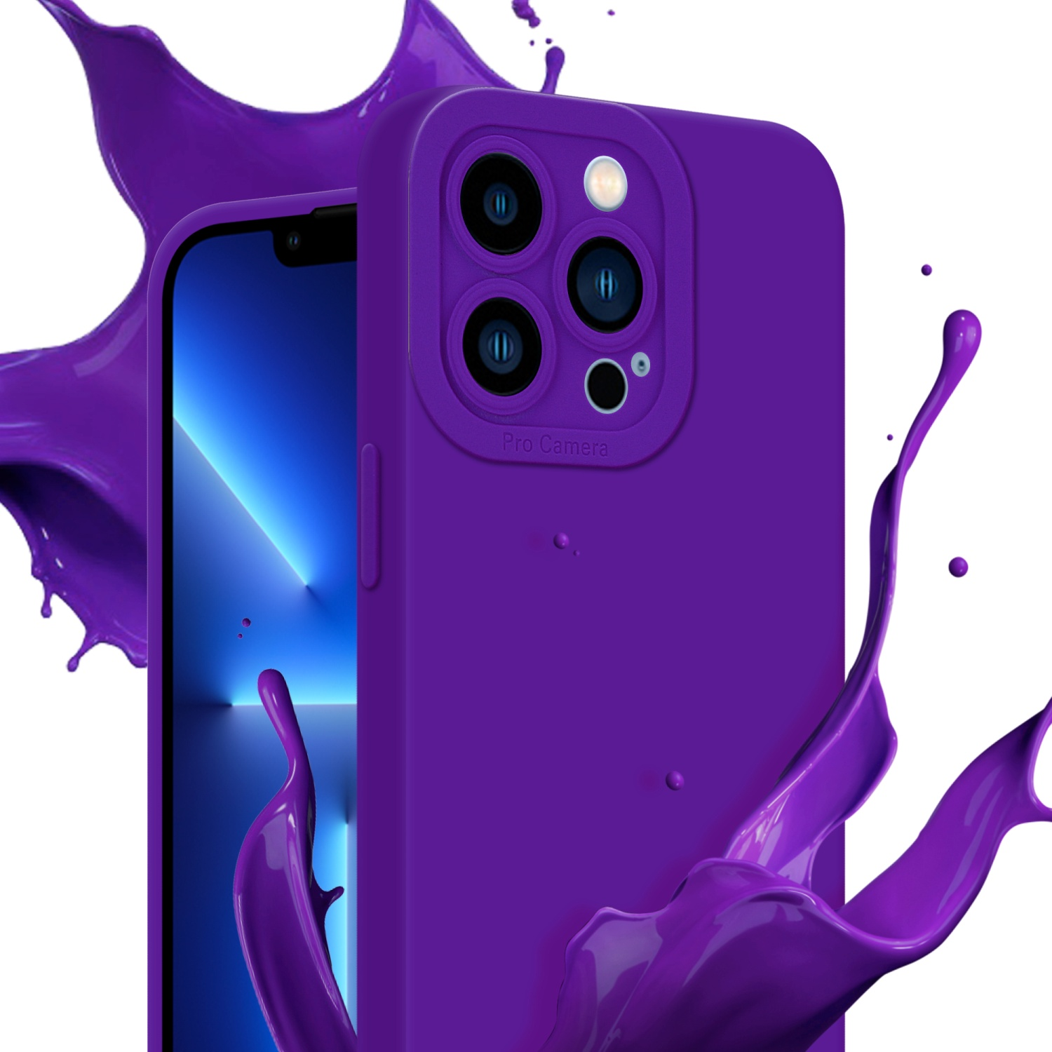 Lila Handyhülle mit Kameraausbuchtung, Farbspritzer, Telefon mit blauem Bildschirm.