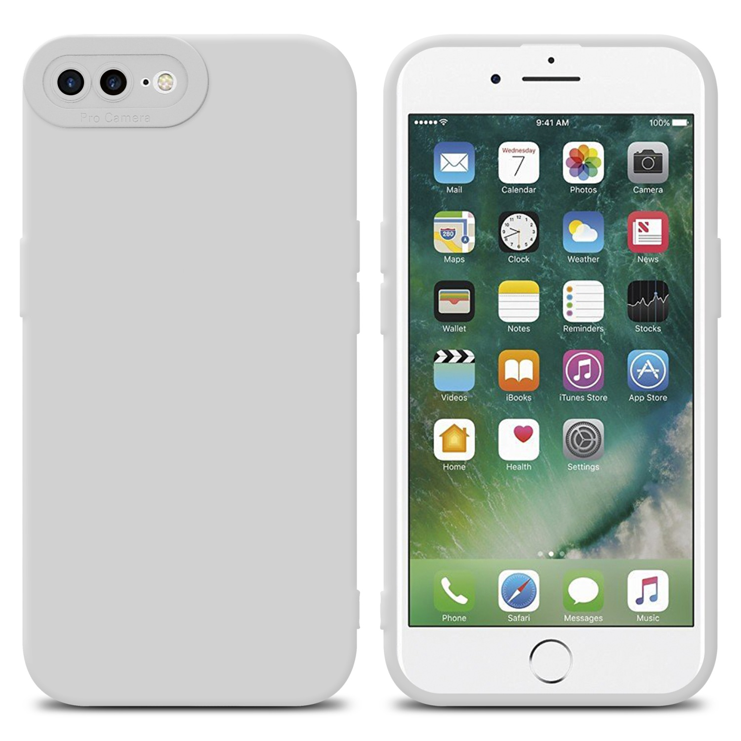 Un iPhone bianco con custodia bianca. Il telefono visualizza app e l'ora è 9:41.