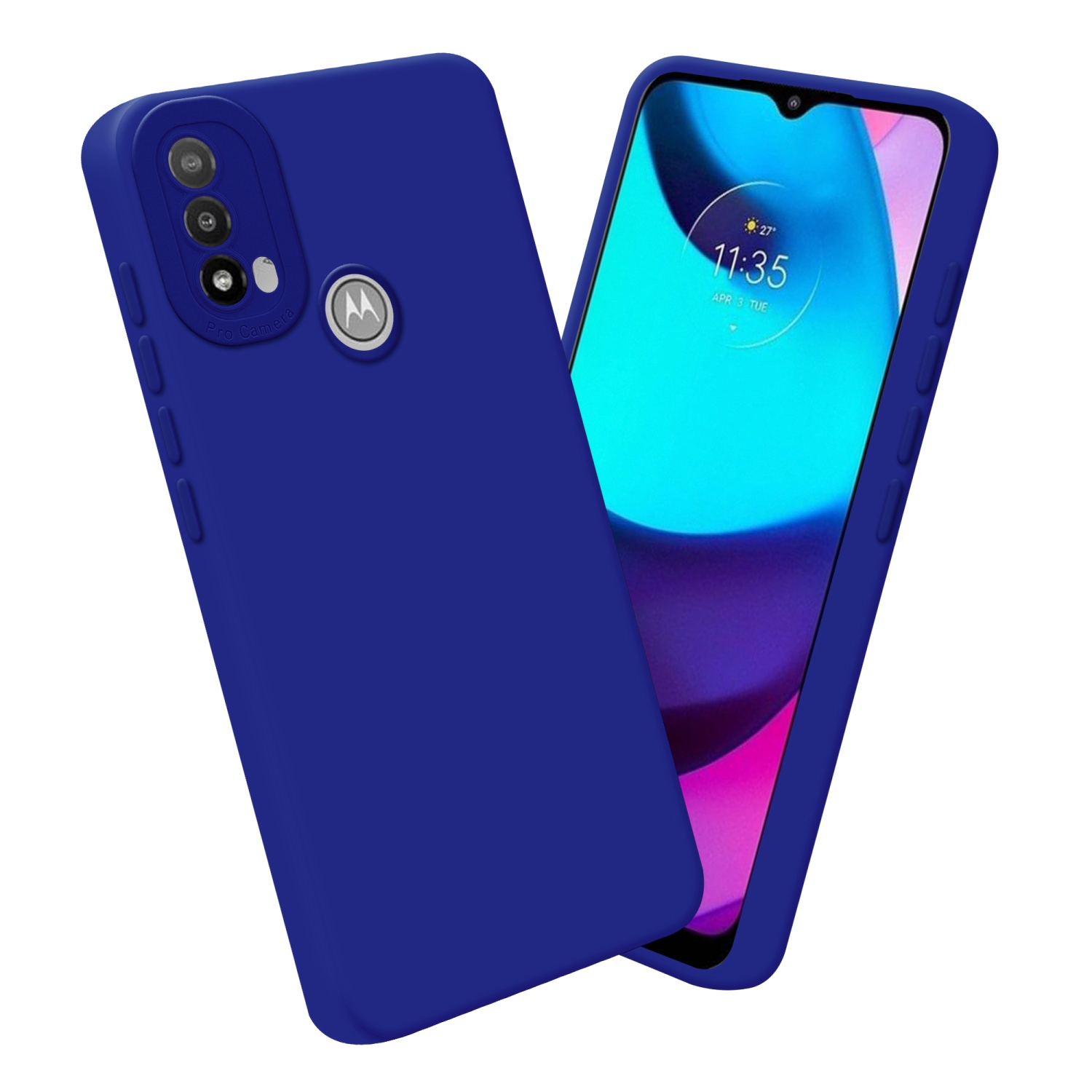 Una custodia per telefono blu con un telefono all'interno, che mostra lo schermo del telefono, è su uno sfondo bianco.