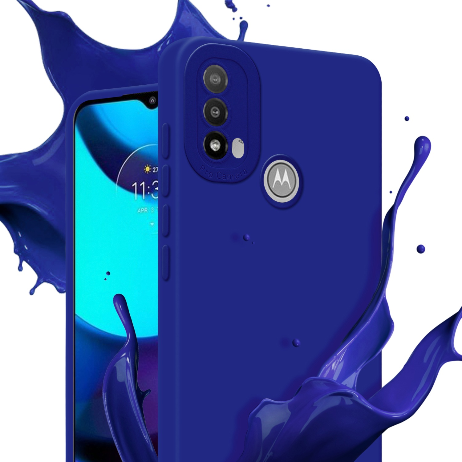 Custodia blu con schizzi. Schermo del telefono che mostra l'ora. Tre fotocamere visibili.