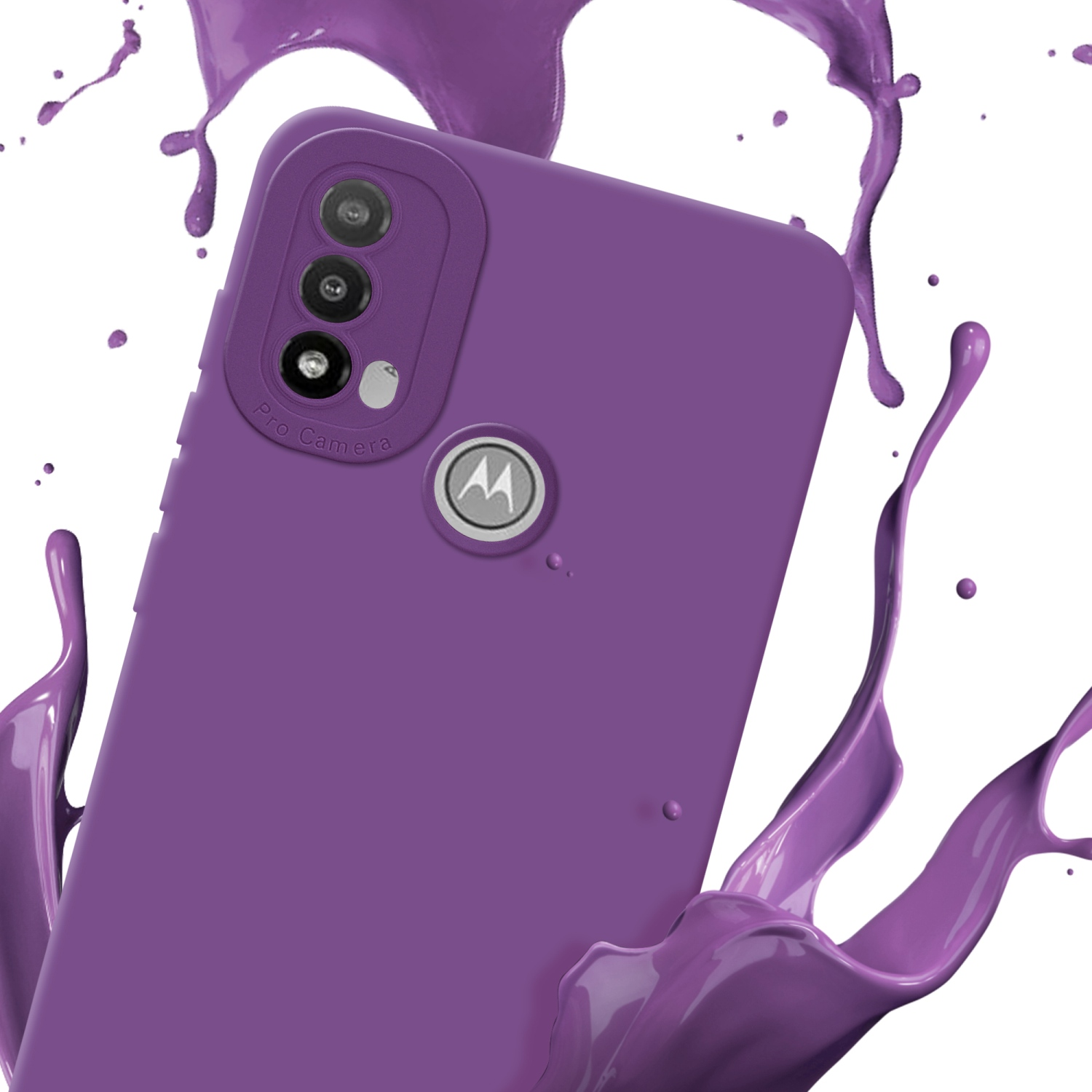Custodia per telefono viola con fotocamera, spruzzo viola su sfondo bianco.