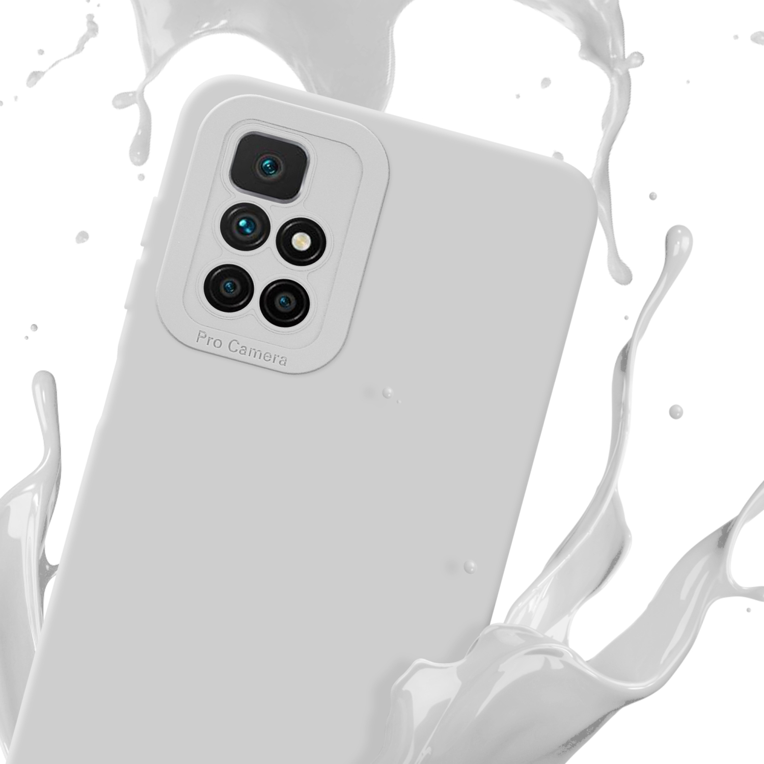 Coque de téléphone blanche avec réseau de caméras, éclaboussure blanche sur fond blanc.