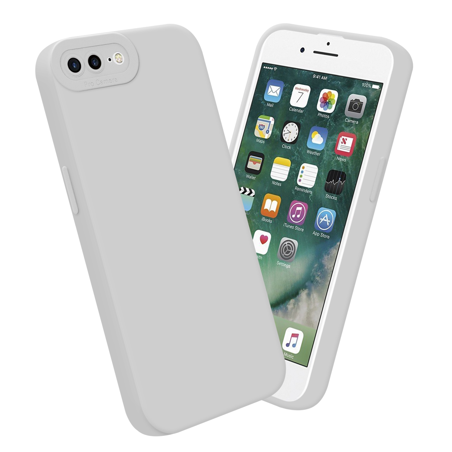 Due custodie per telefono grigio chiaro. Una con schermo del telefono, che mostra l'interfaccia dell'iPhone.