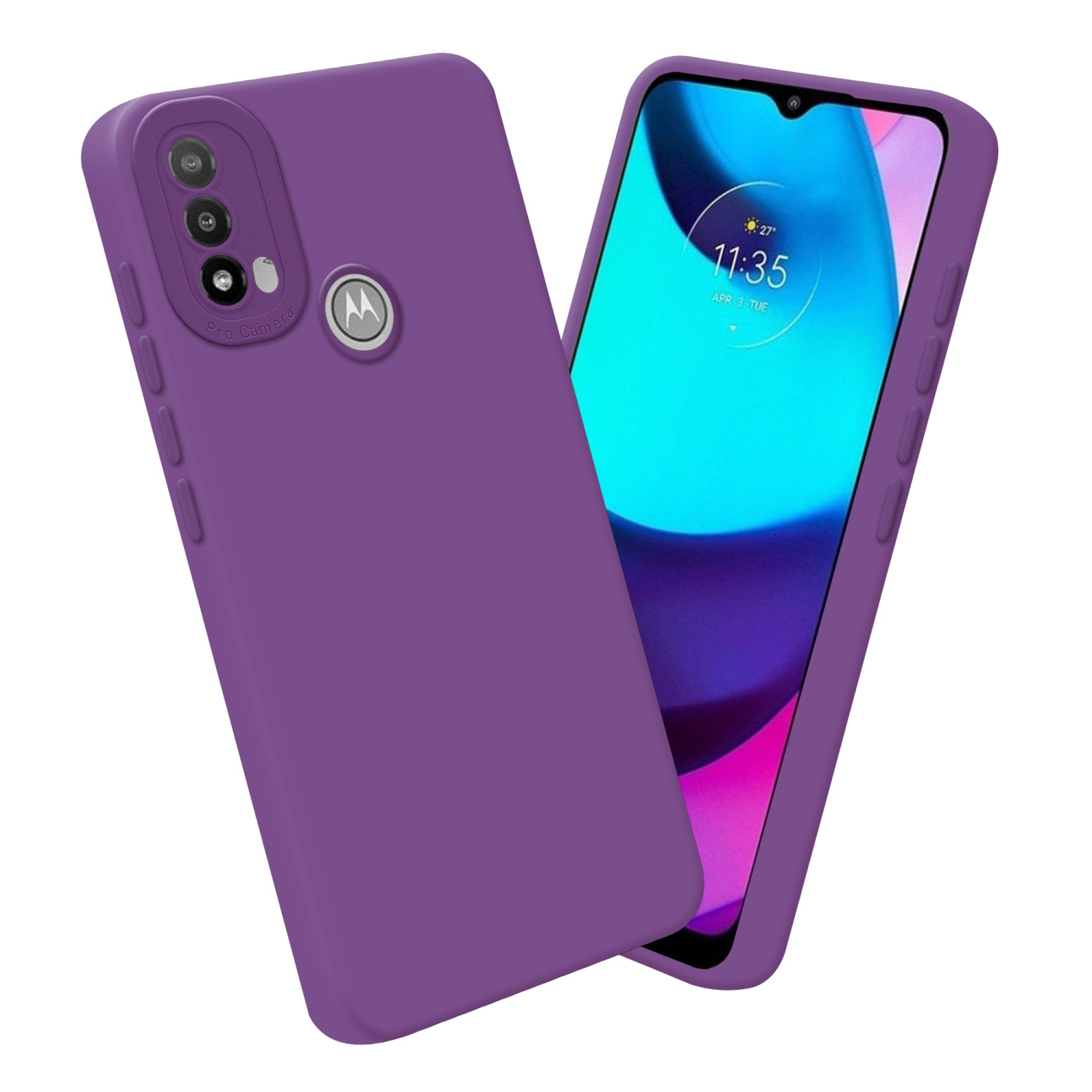 Una custodia per telefono viola con un design a due tonalità, che mostra il telefono con lo schermo acceso.