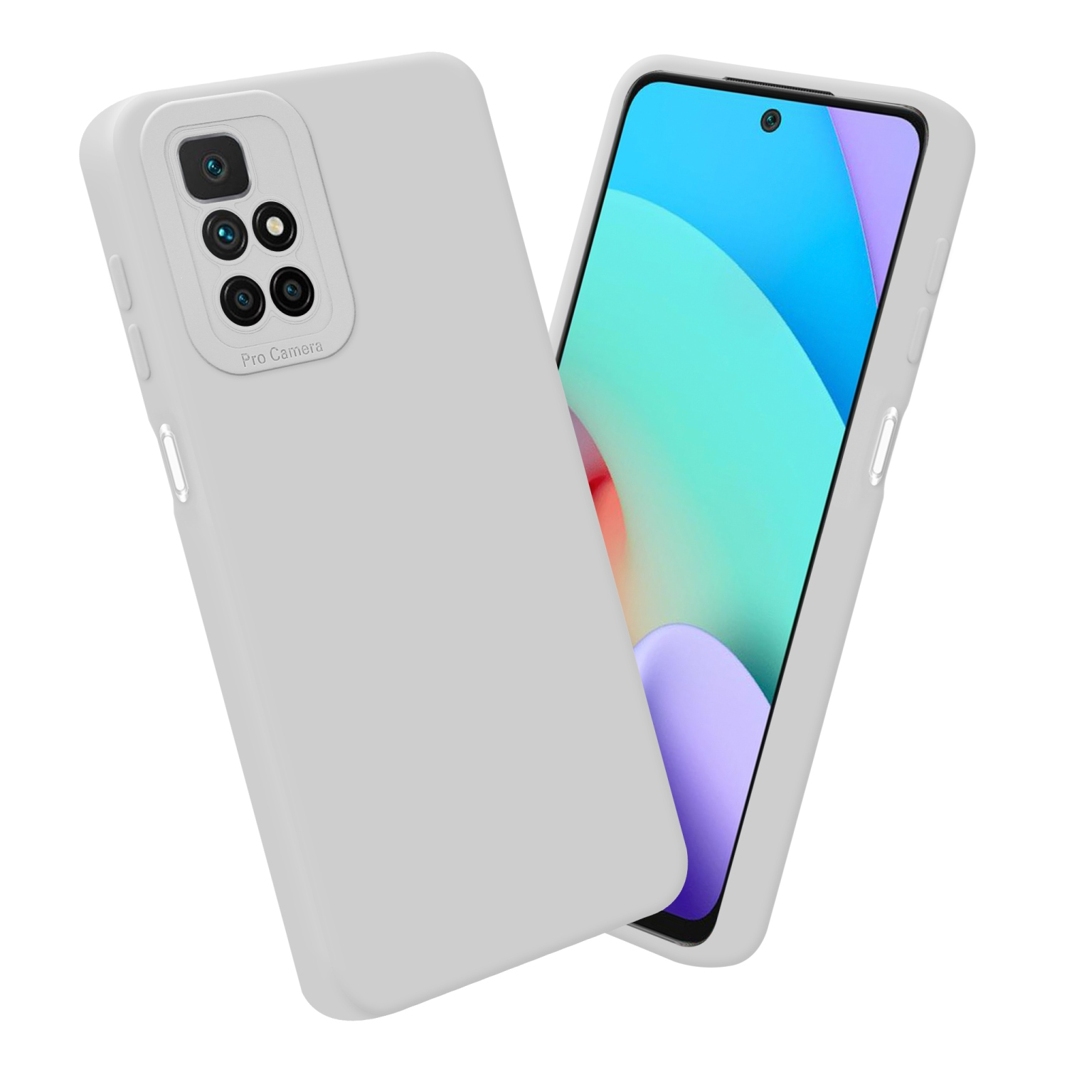 Deux coques de téléphone blanches sur fond blanc. L'une contient un téléphone avec un écran coloré.