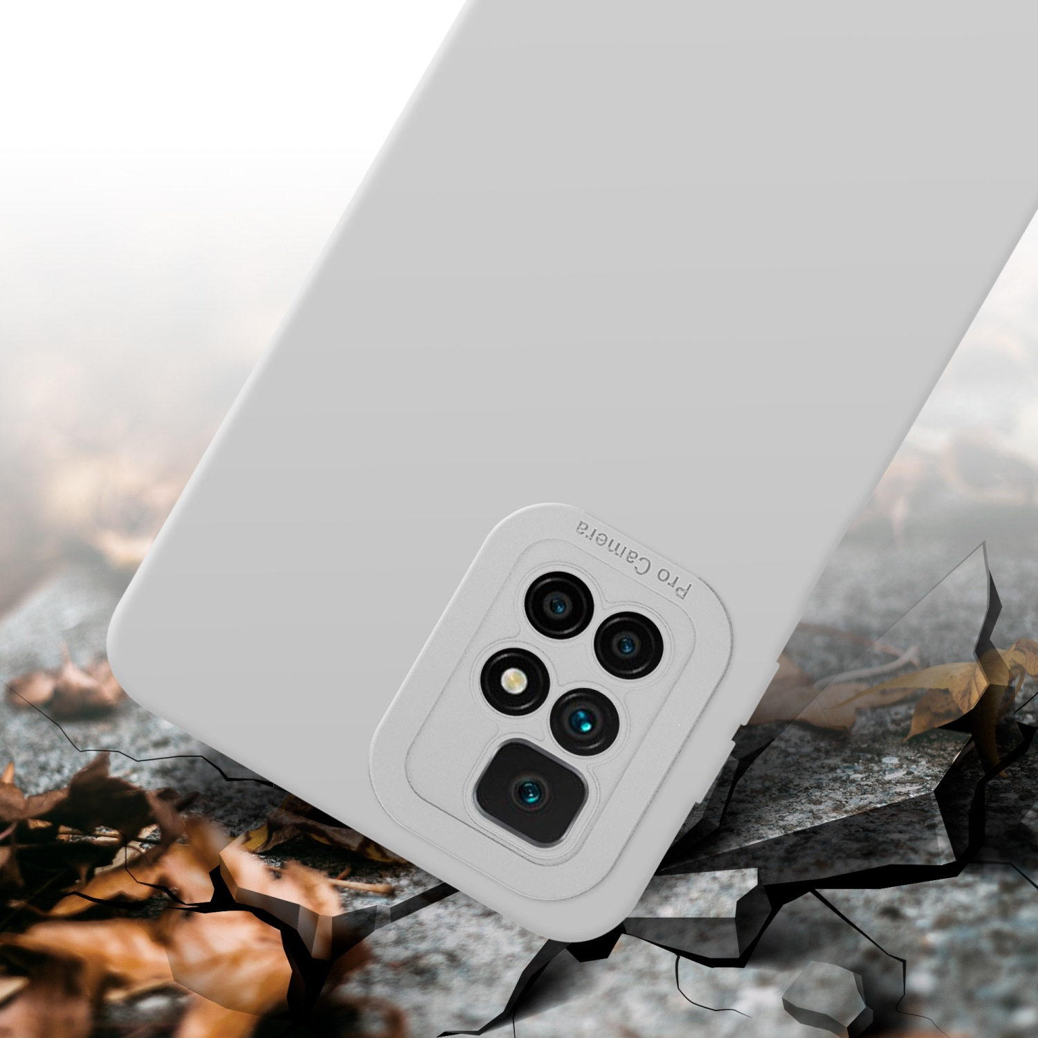 Une coque de téléphone blanche sur une surface fissurée.