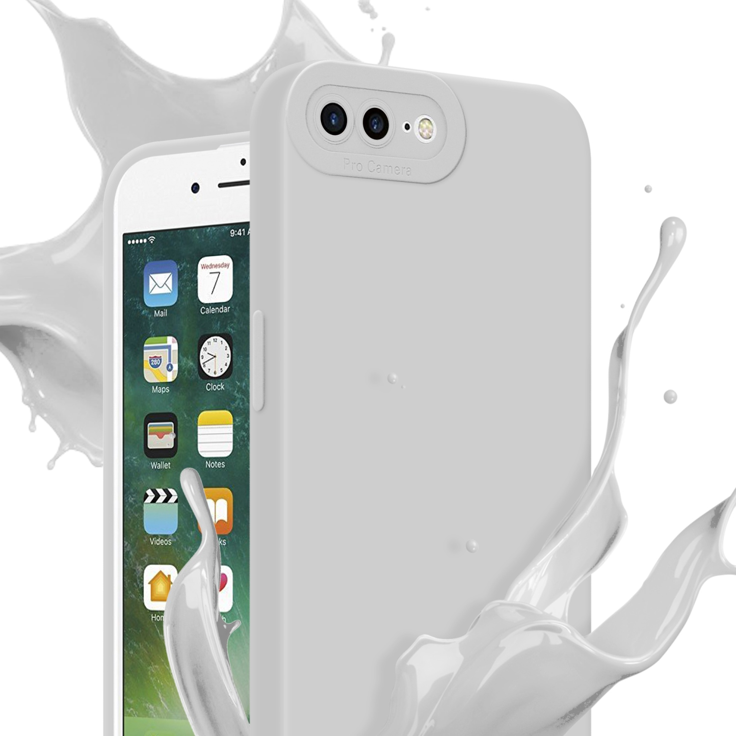 Un telefono bianco è accanto a una custodia bianca. Liquido bianco schizza intorno al telefono.