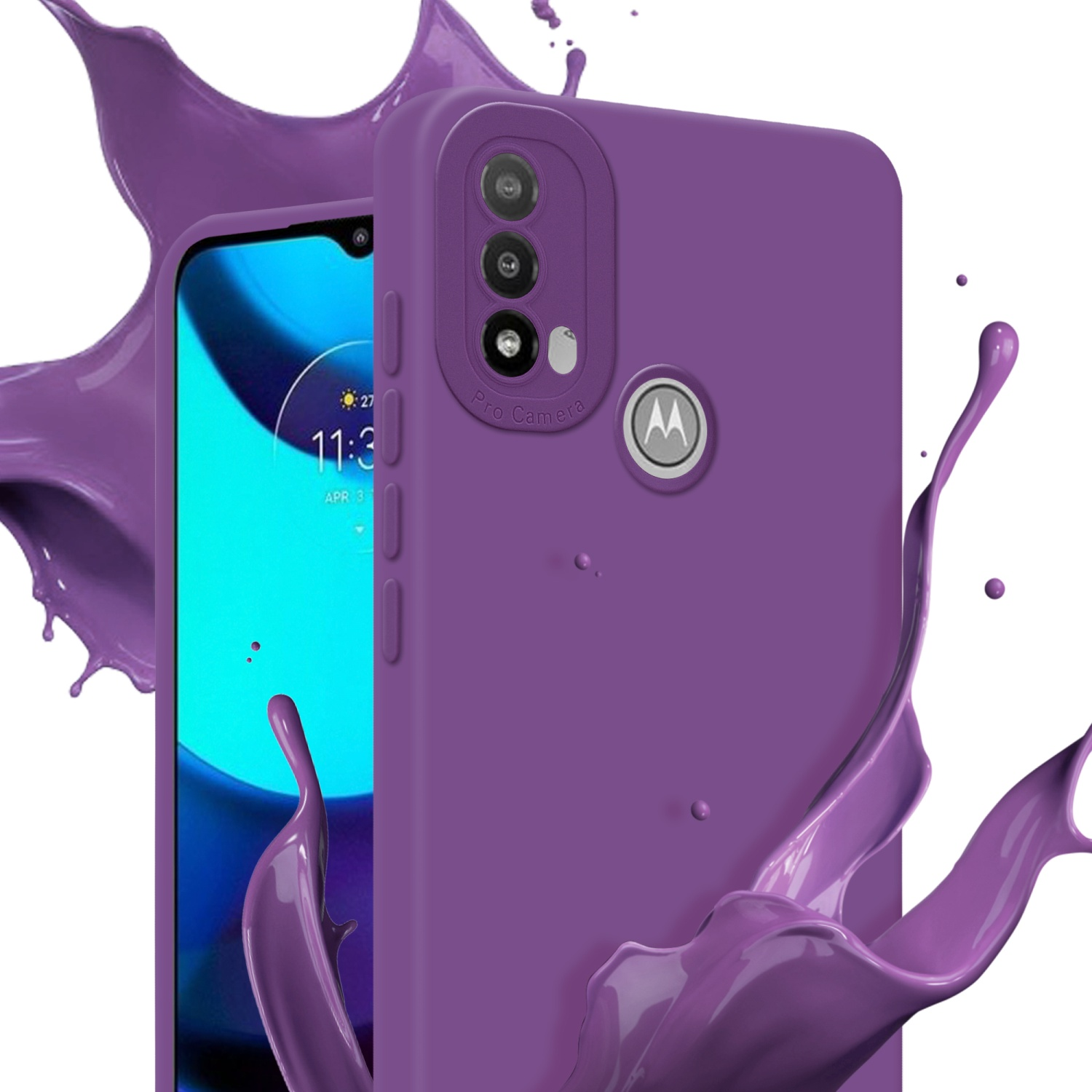 Custodia viola con schermo del telefono, schizzi viola. Logo Motorola sulla custodia.