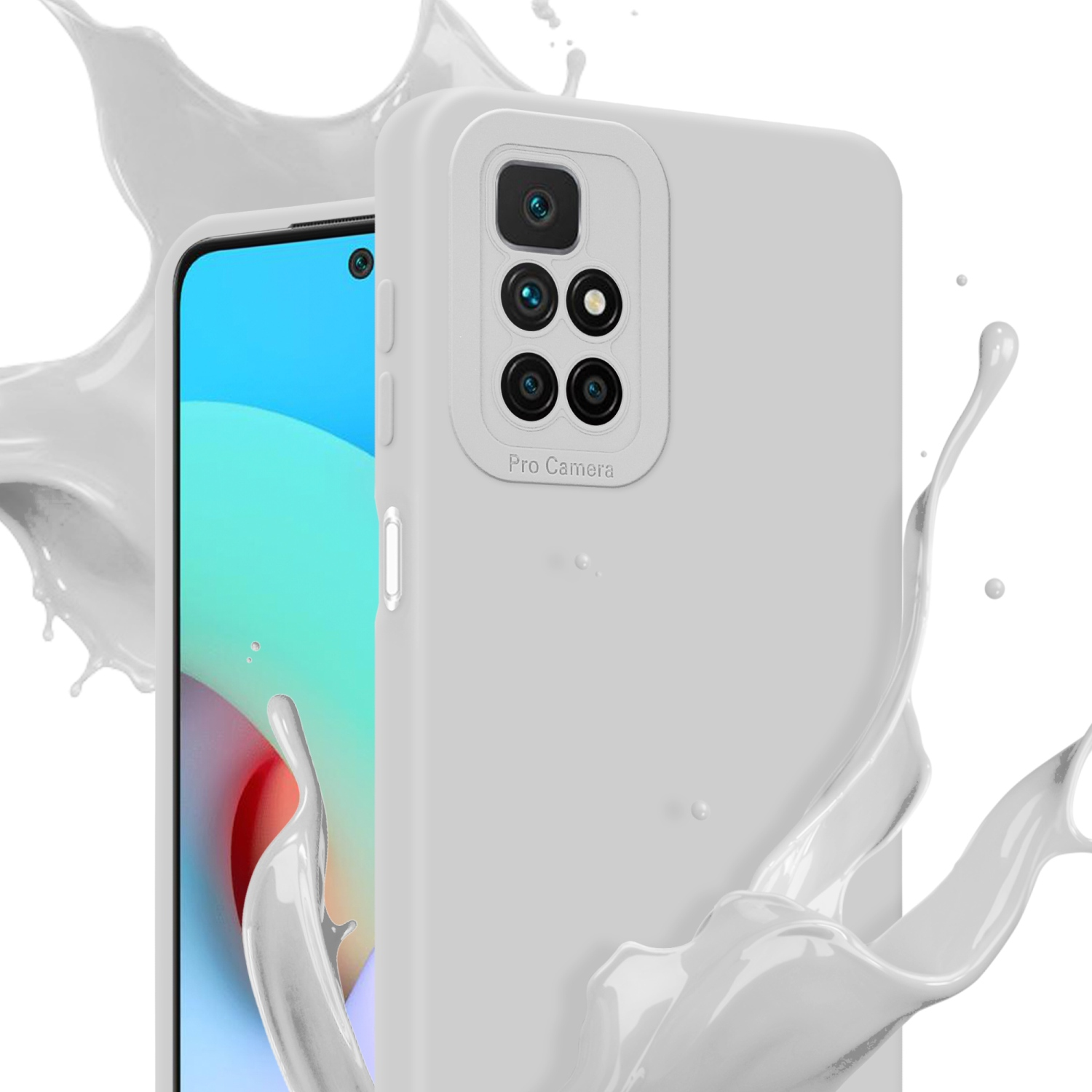 Coque de téléphone blanche avec caméra. Éclaboussures de liquide blanc autour du téléphone. Fond blanc.